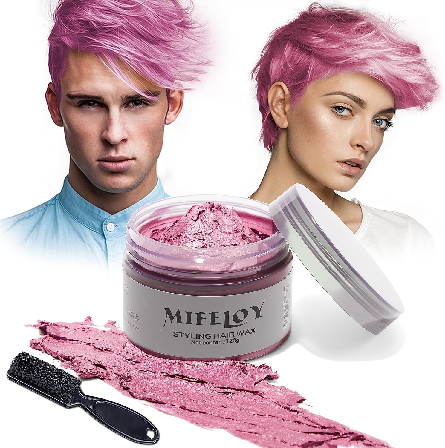 120g Temporary Pink Hair Color Wax with Dye Brush, Instant Natural Hairstyle Cream, Disposable