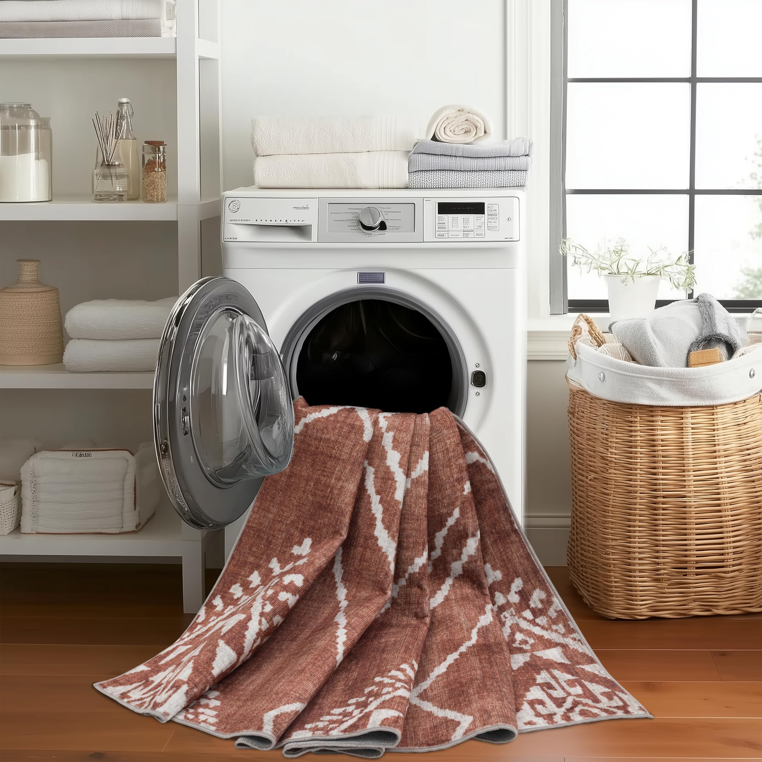 ReaLife maschinenwaschbarer Teppich – schmutzabweisend, familien- und haustierfreundlich – aus hochwertigen recycelten Fasern – marokkanischer Diamant – Orange, 91 x 152 cm