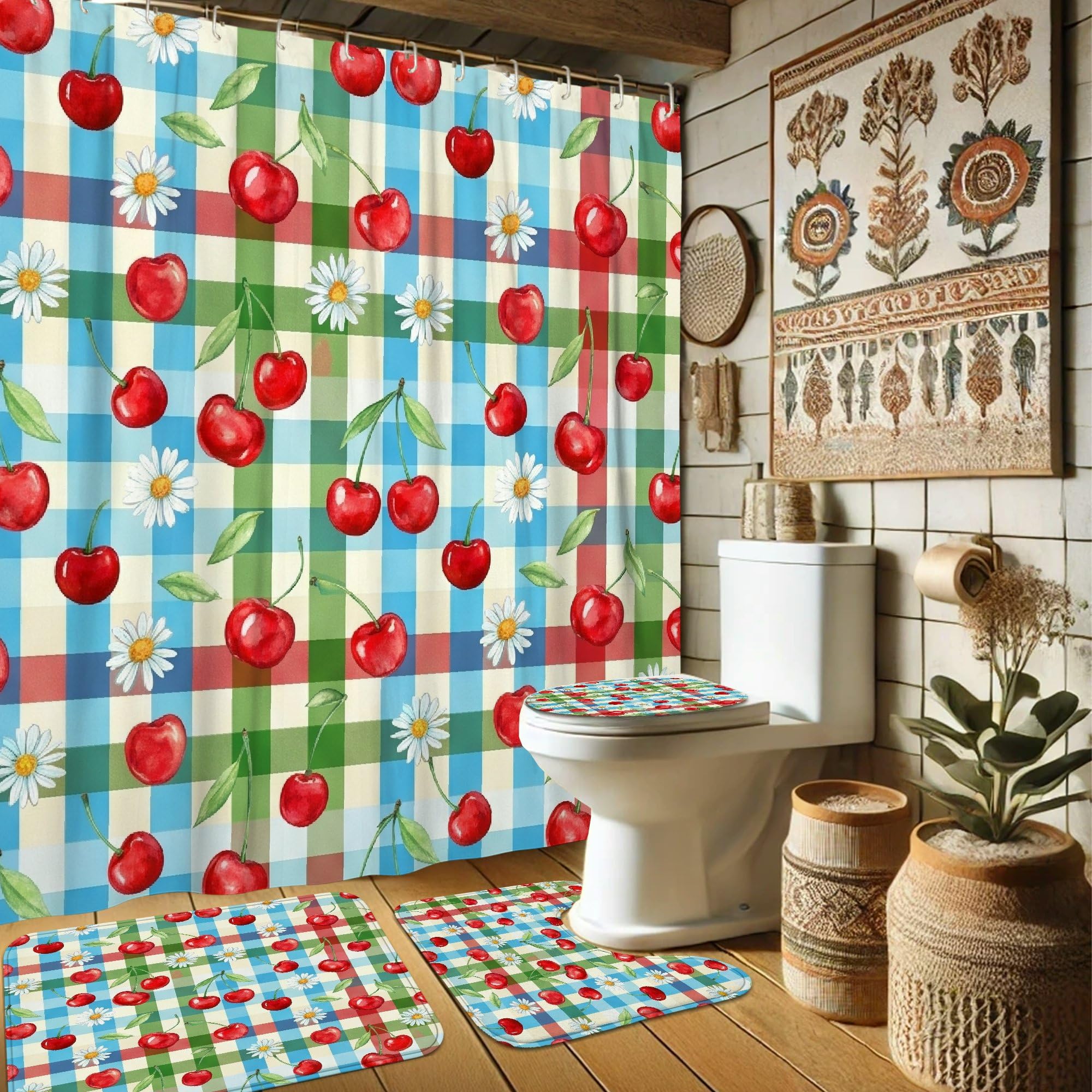 Rideau de douche cerises et tapis pour rafraîchir votre salle de bain cet été