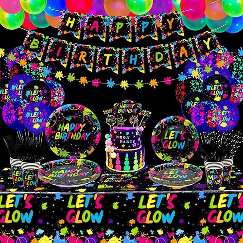 225 piezas de suministros de fiesta de neón brillante, globo, pancarta de cumpleaños en la oscuridad, guirnaldas, decoración de pastel, mantel,
