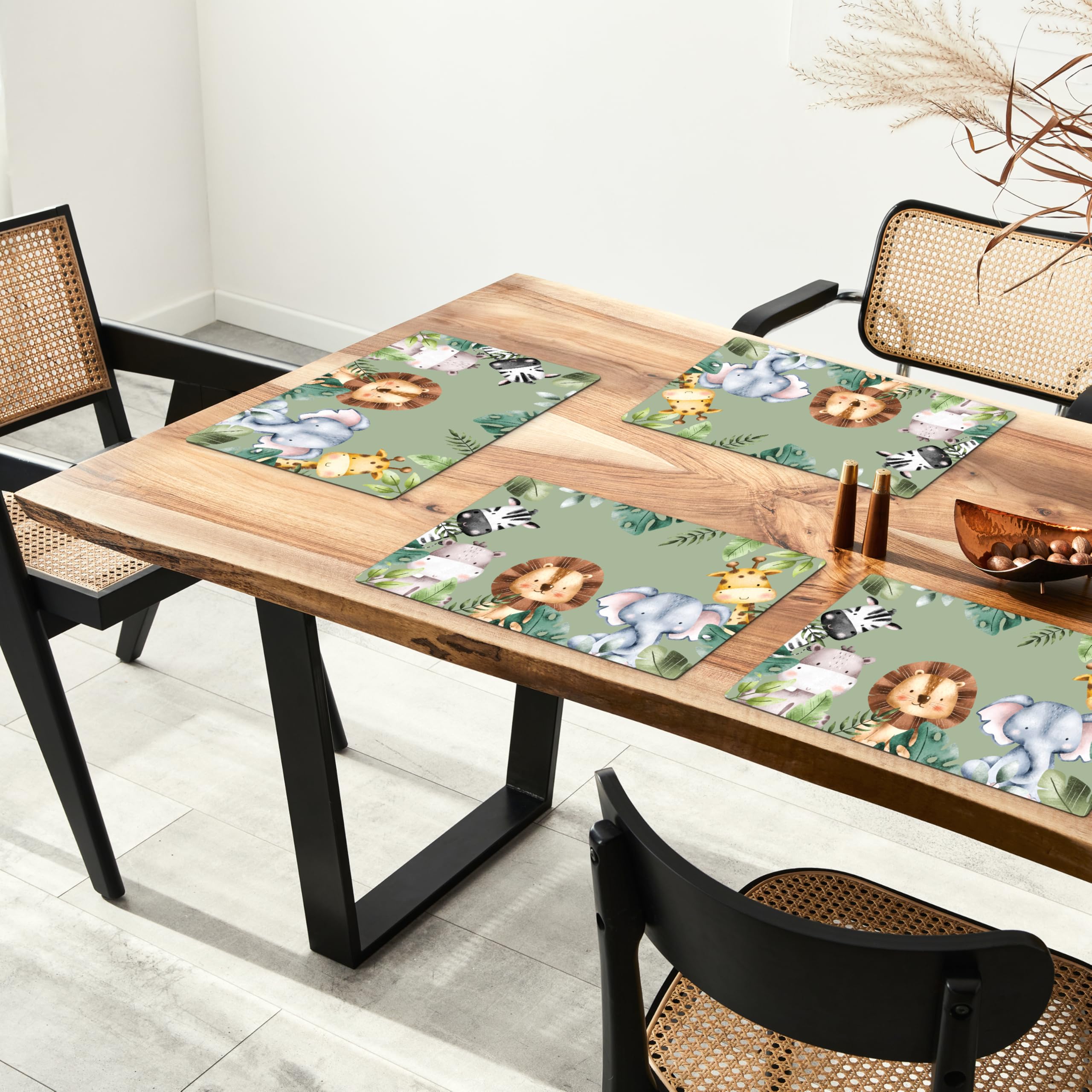 KitchenYeah© Set Tovagliette Americane Lavabili 6 Pezzi 45x30 cm Tovaglietta Plastica Rettangolare Antiscivolo per Cucina o Sala da Pranzo Animali - Acquerello - Bambino - Natura