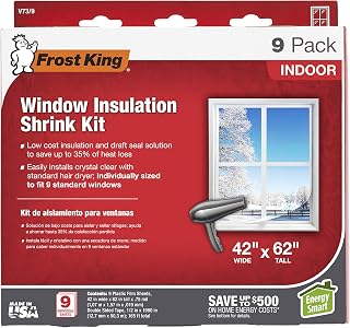 Frost King V73/9H Shrink Window Kit - Clear 42x62 Inch Insulation Sheets, 9-Pack for Draft-Free Windows