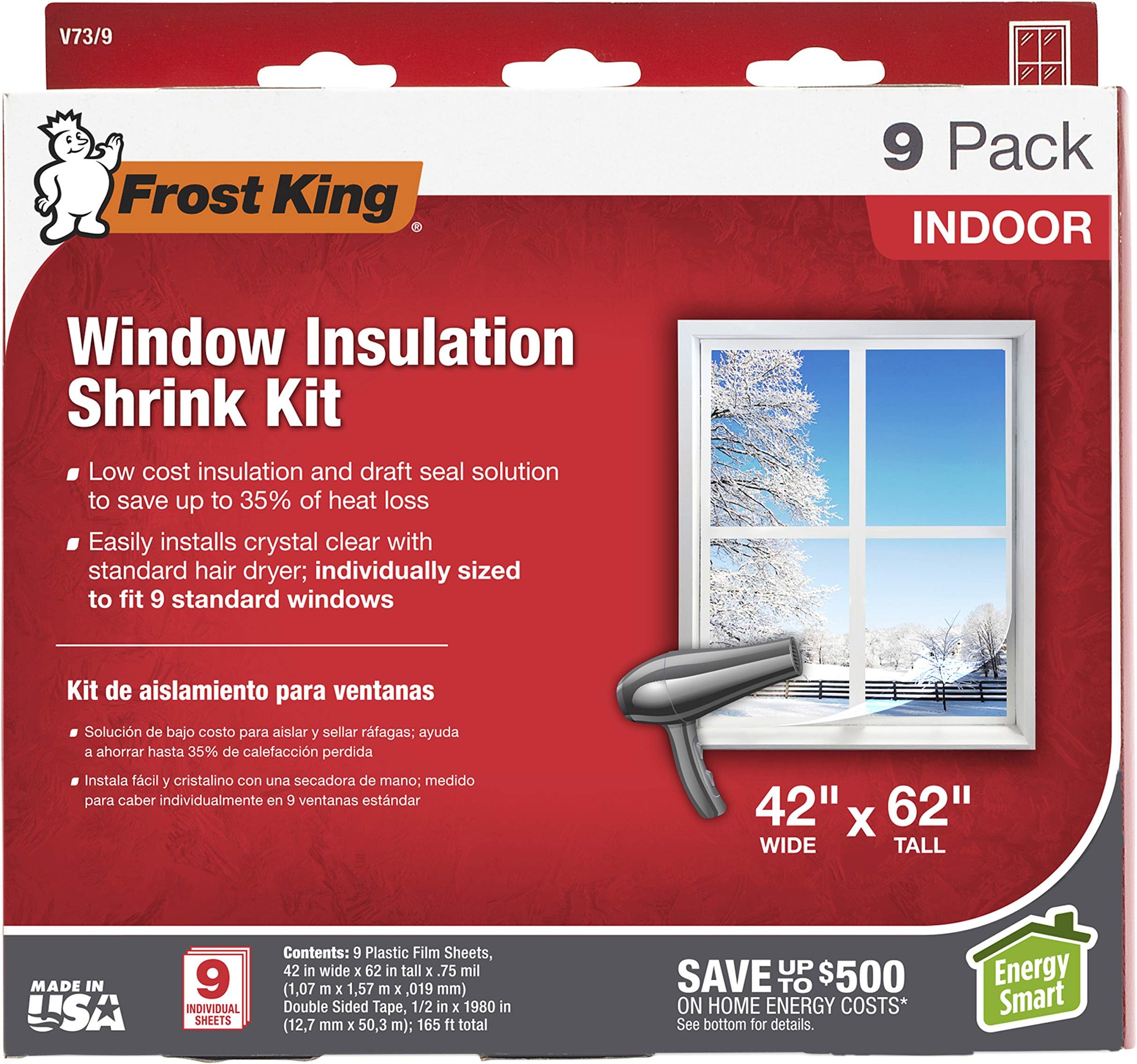 V73/9H Indoor Shrink Window Kit 42 62-Inch, Clear, 9-Pack
