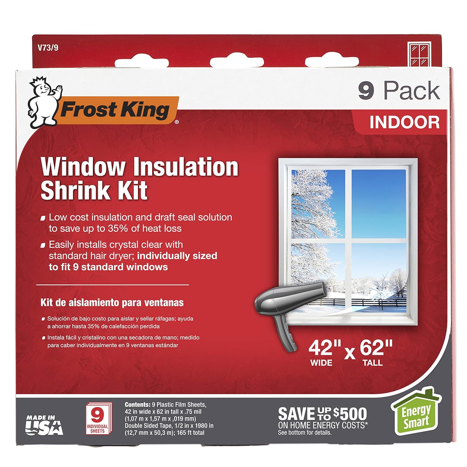 Frost King V73 9H Indoor Shrink Window Kit 42 62-Inch Clear 9-Pack