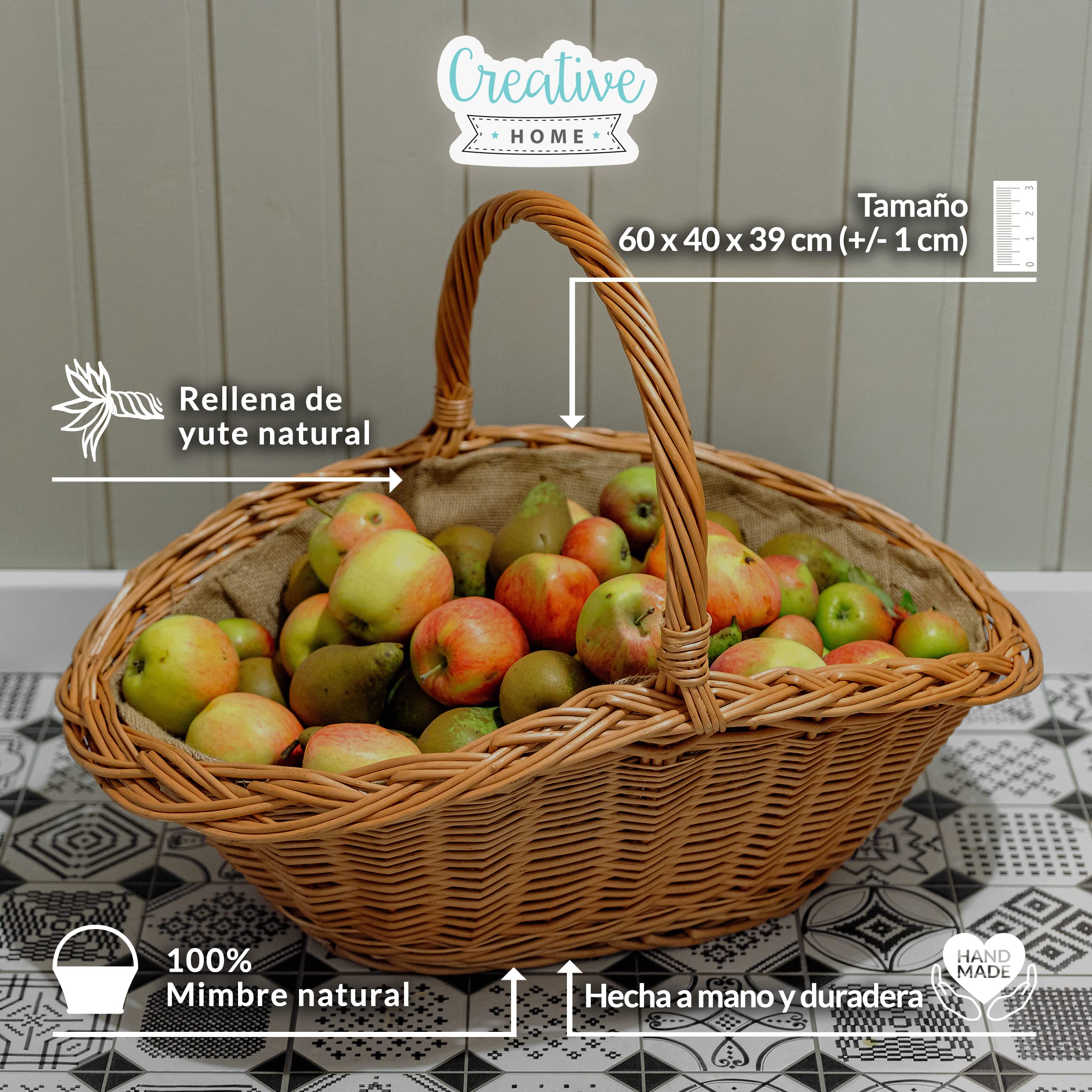 Creative Home Cesta de Mimbre para Almacenar Leña con Asa 60x40x39cm
