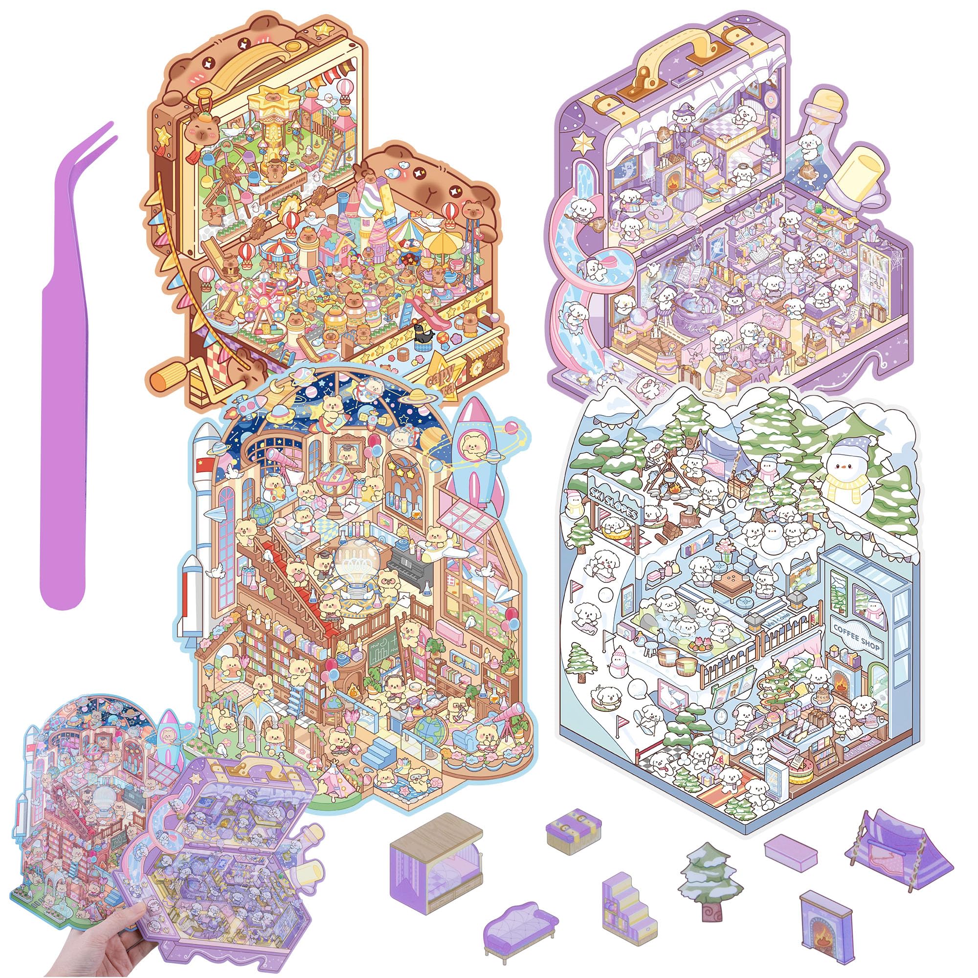 4 Set Big DIY 3D House Stickers - LCDGTJ Reusable Cartoon Scenes Kit (Ski/Museum/Magic Castle/Amusement Park) with Tweezer, Cute Miniature Room Stickers for Adult Kids Relief Stress Gifts Crafts