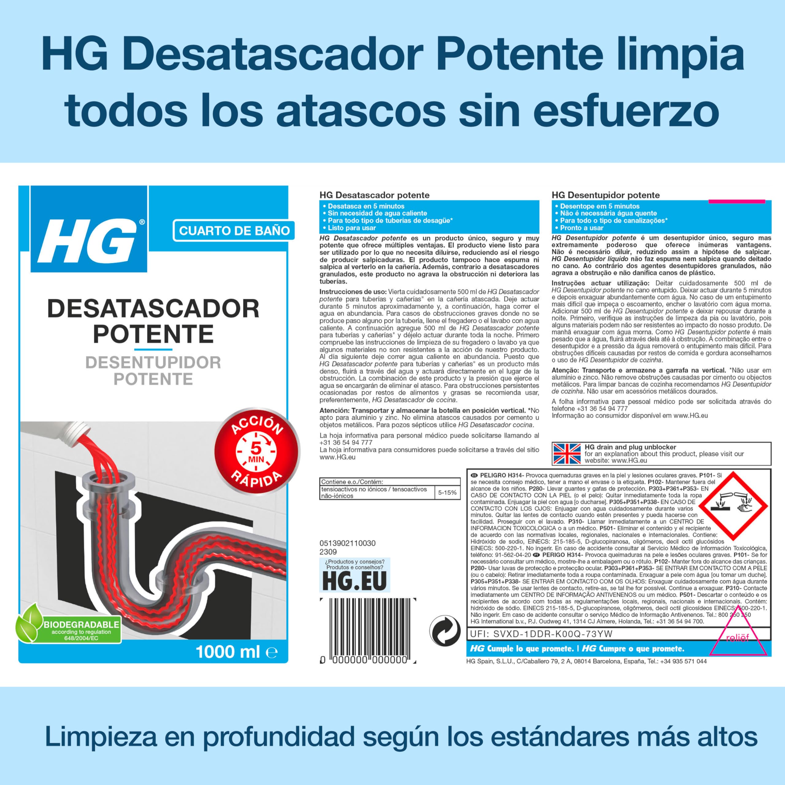 HG 139100130 Déboucheur puissant pour canalisations et canalisations, élimine efficacement les bouchons, nettoyant liquide pour tuyaux et drains bloqués dans les éviers ou les bacs de douche, 1 l