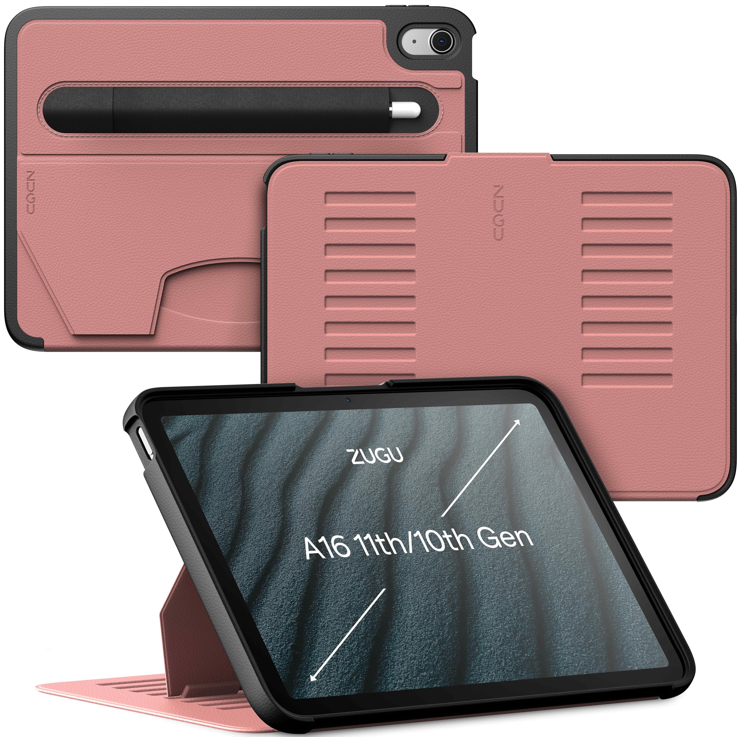 ZUGU CASE iPad ケース A16 第11世代 (2025) & 第10世代 (2022) 10.9インチ 極薄 落下衝撃保護 ８段階 スタンド 機能 オートスリープ ペンホルダー スマートカバー (デザートローズピンク)