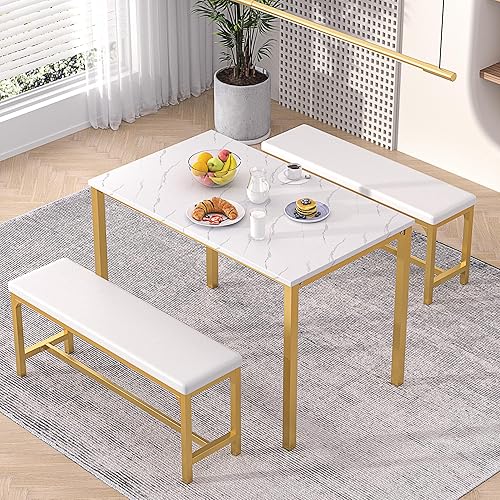 Miniatura 4 de VECELO Mesa de cocina extensible de 3 piezas de 63 pulgadas con bancossillas, moderno juego de desayunocomedor para 462, diseño de ahorro de espacio