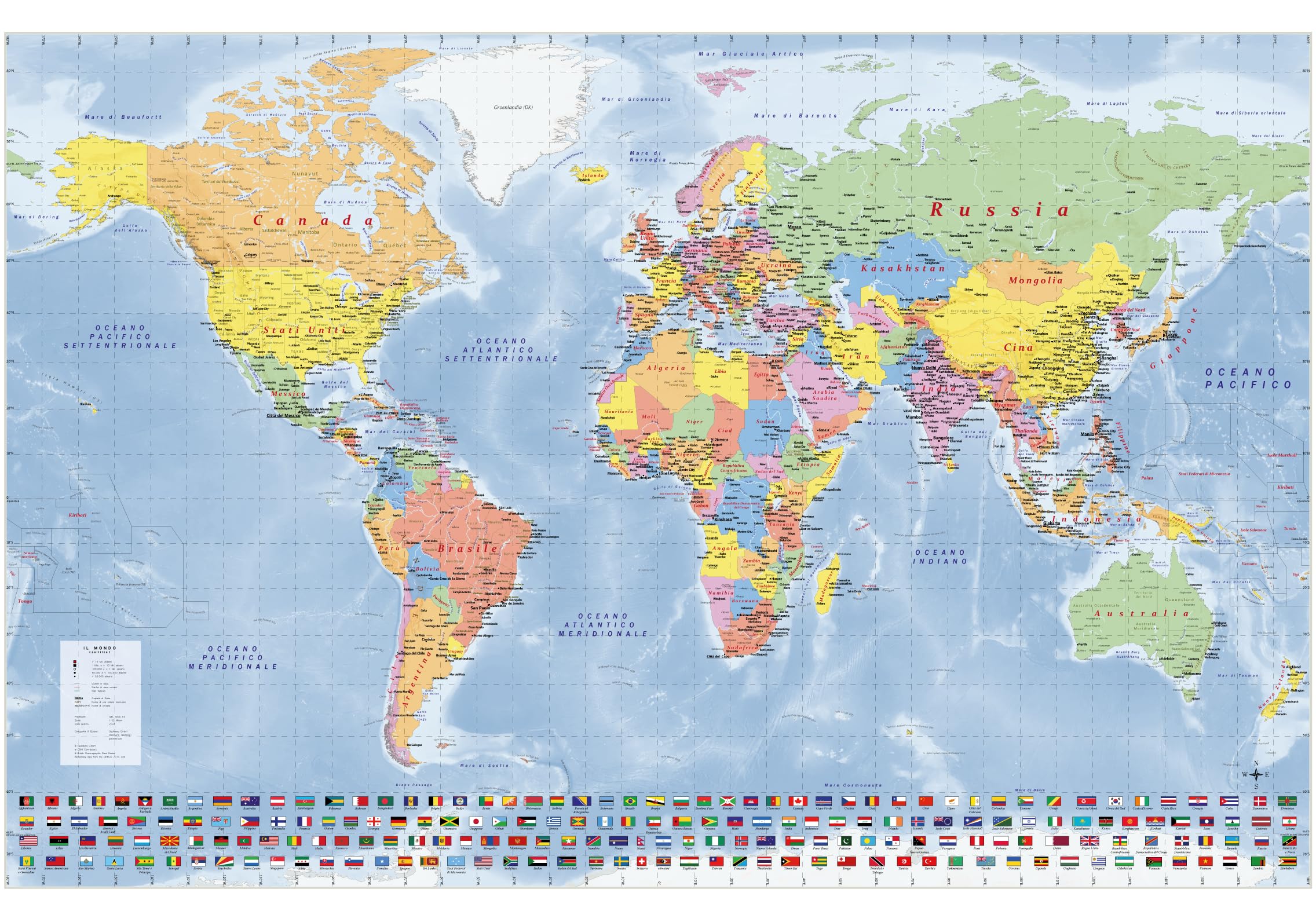GeoMetro Mappa del mondo in italiano, laminata (scrivibile e cancellabile) con listelli in legno per appenderla + foglio di adesivi, 70 x 100 cm