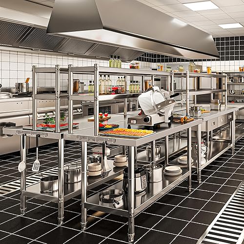 Miniatura 7 de YITAHOME Mesa de acero inoxidable de 60 x 36 pulgadas, mesa de trabajo con estante y ganchos de 60 x 12 pulgadas, mesa de preparación de mesa de