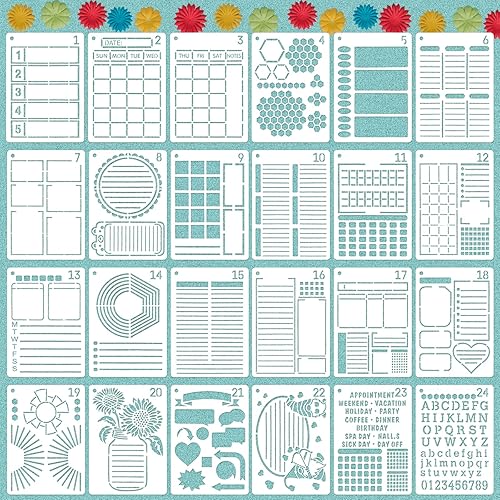Journal Stencils, 24PCS 7x5 Planner Stencils for Crafts Reusable, Layout & Tracker Patterns, for Daily Planner, Weekly Schedule, Habit Tracker, Study Notes, Meeting Minutes & Personal Diary