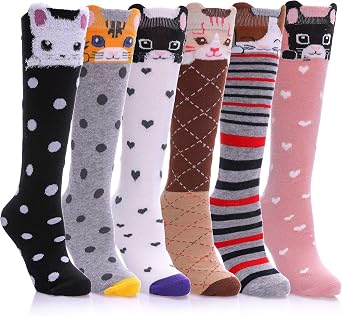FNOVCO Girls Knee High Socks Kids Crazy Fun Gift Cute Animal Patterns Cotton Long Socks 6 Pairs