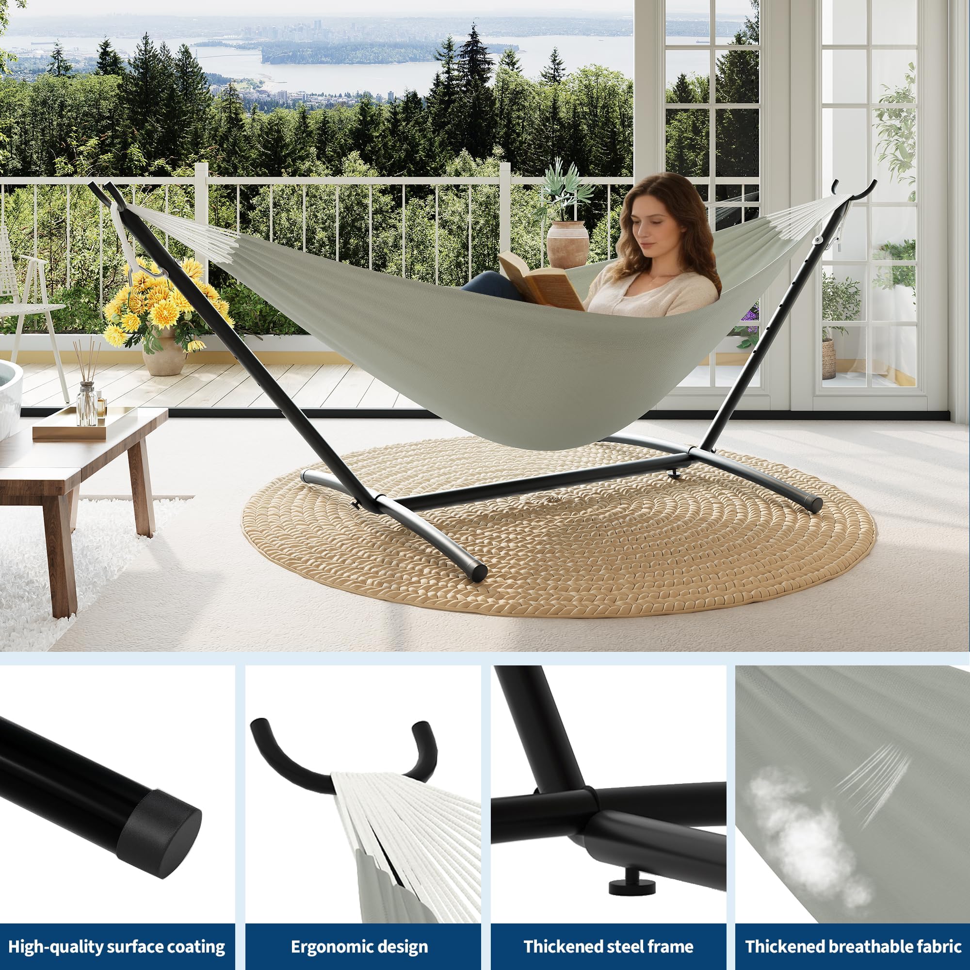 GarveeLife Hamaca con Soporte de Hierro para Exteriores, Hamaca Portátil para 2 Personas, Muy Resistente y Plegable, Capacidad Máxima 227 kg, Bolsa Impermeable Incluida, Gris Claro y Sofisticado