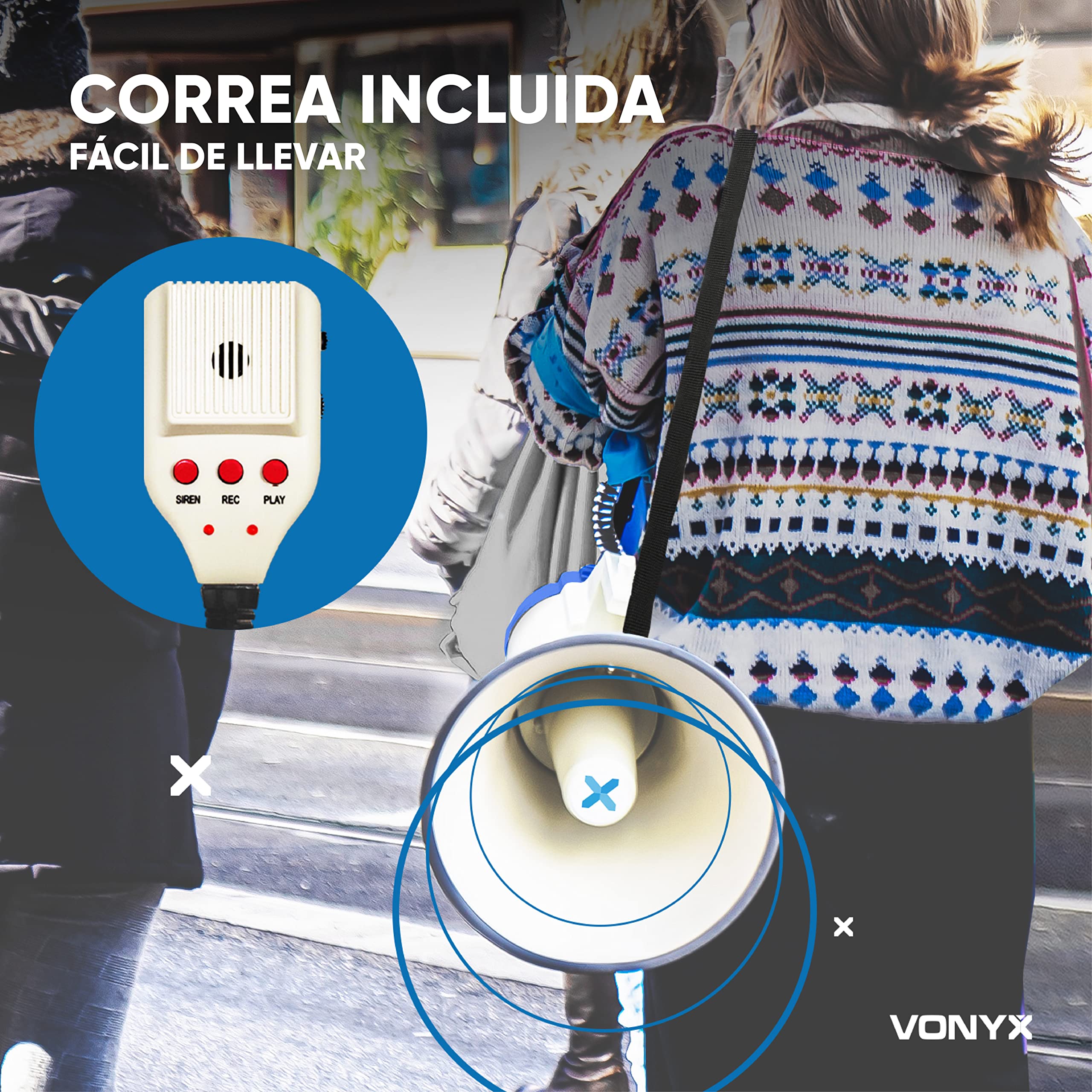 Vonyx Megáfono Portátil 55W 60W 65W Grabación 1,2 km Micrófono Extraíble Reproductor MP3 USB Correa Hombro
