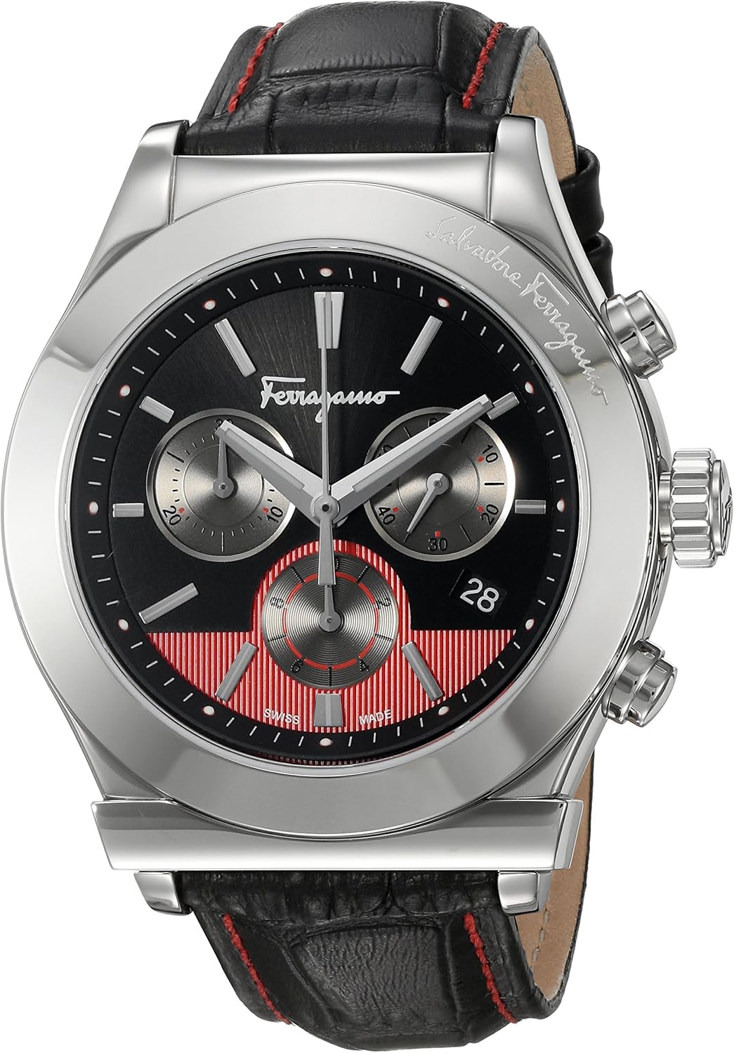 Salvatore Ferragamo Men&amp;#39;s &amp;#39;1898&amp;#39; Swiss Quartz Stainless Steel and Leather Casual Watch, Color:Black Model: FFM100016