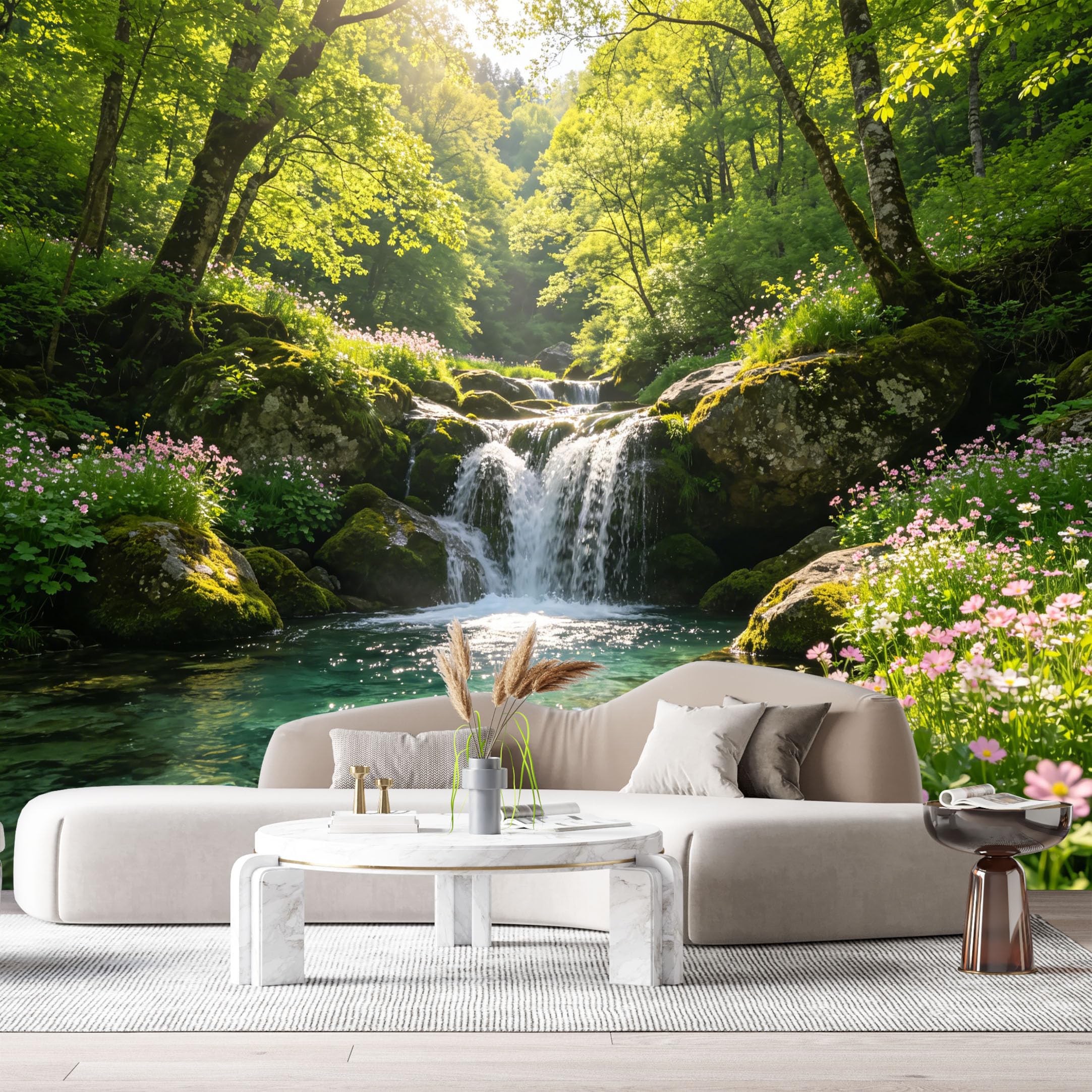 Custom Size Wall Murals Forest Landscape Waterfall Stream Botanical Nature Scenery SelfAdhesive Wall Fabric Removable Large Wallpaper for Photo Living Room