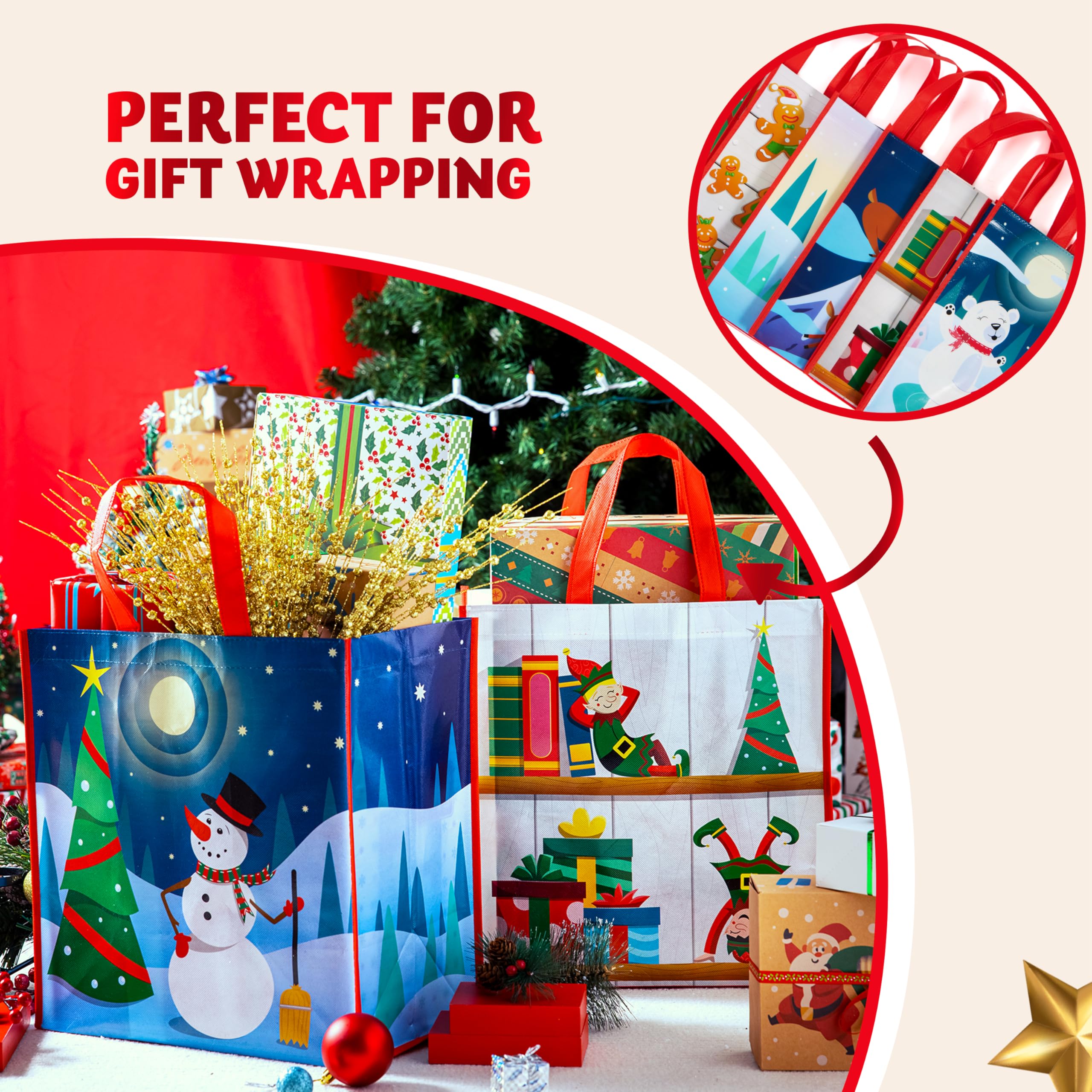 JOYIN 12 Bolsas de Asas Grandes Navideñas de 34 x 35cm Bolsas Reutilizables para Compras Navideñas, Bolsas de Regalos para Fiestas de Navidad