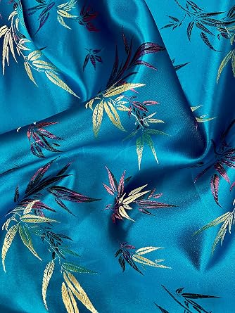 Alondra Dark Turquoise Leaves Brocade Chinese Satin Fabric by the Yard - 10095