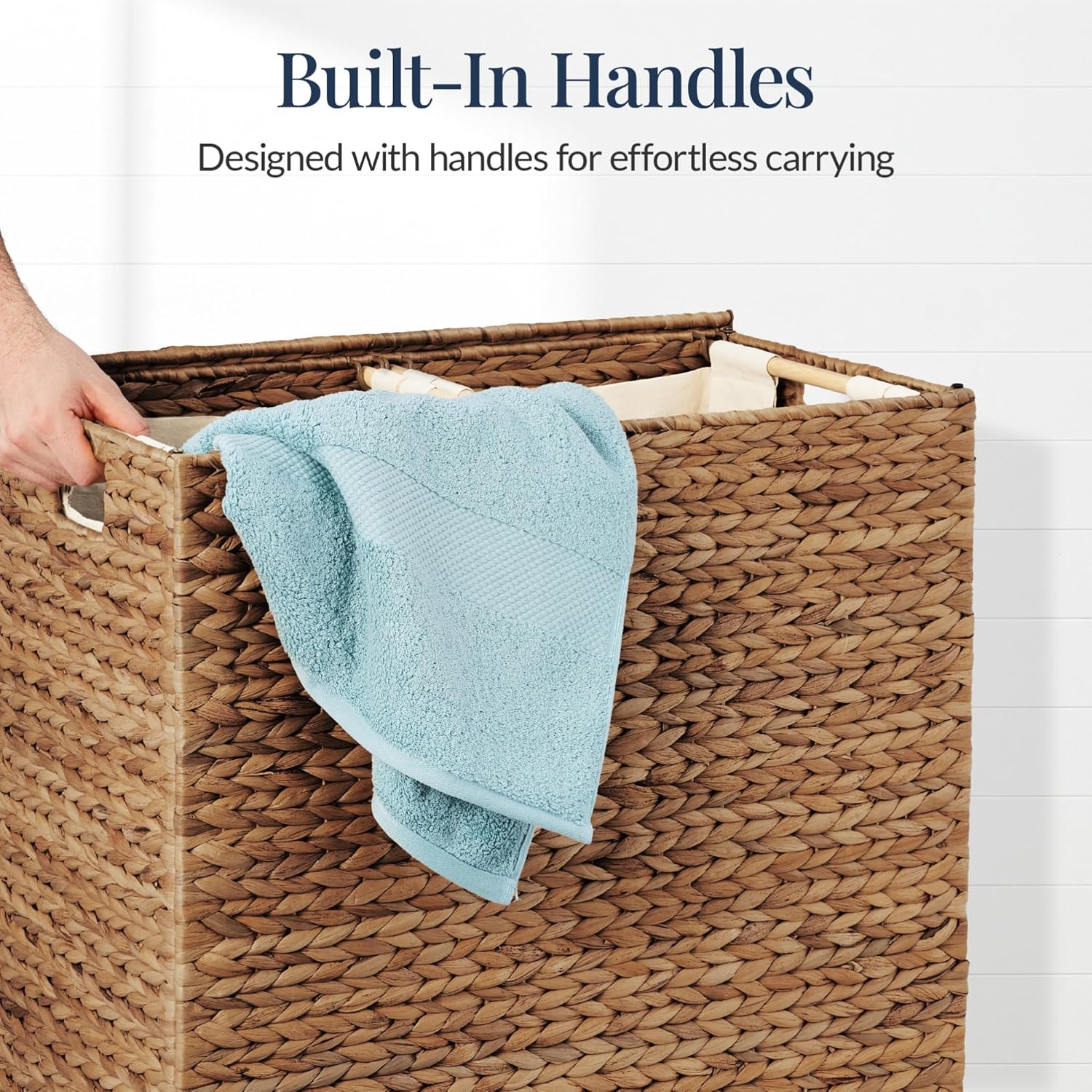 Best Choice Products Large Double Laundry Hamper with Lid, Natural Handwoven Water Hyacinth, 2 Sections w/ 2 Machine Washable Linen Liner Bags, Portable, Handles - Chestnut