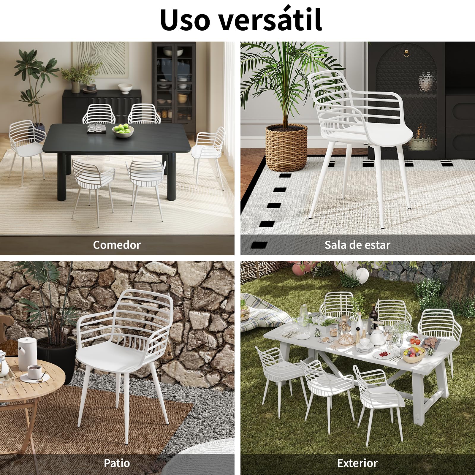 JIJIAN Sillas de Jardín Juego de 4, Sillones para Exterior con Reposabrazos y Respaldo, Plástico PP con Patas de Hierro, Capacidad de Carga 120 kg, para Balcón, Jardín, Terraza, Blanco