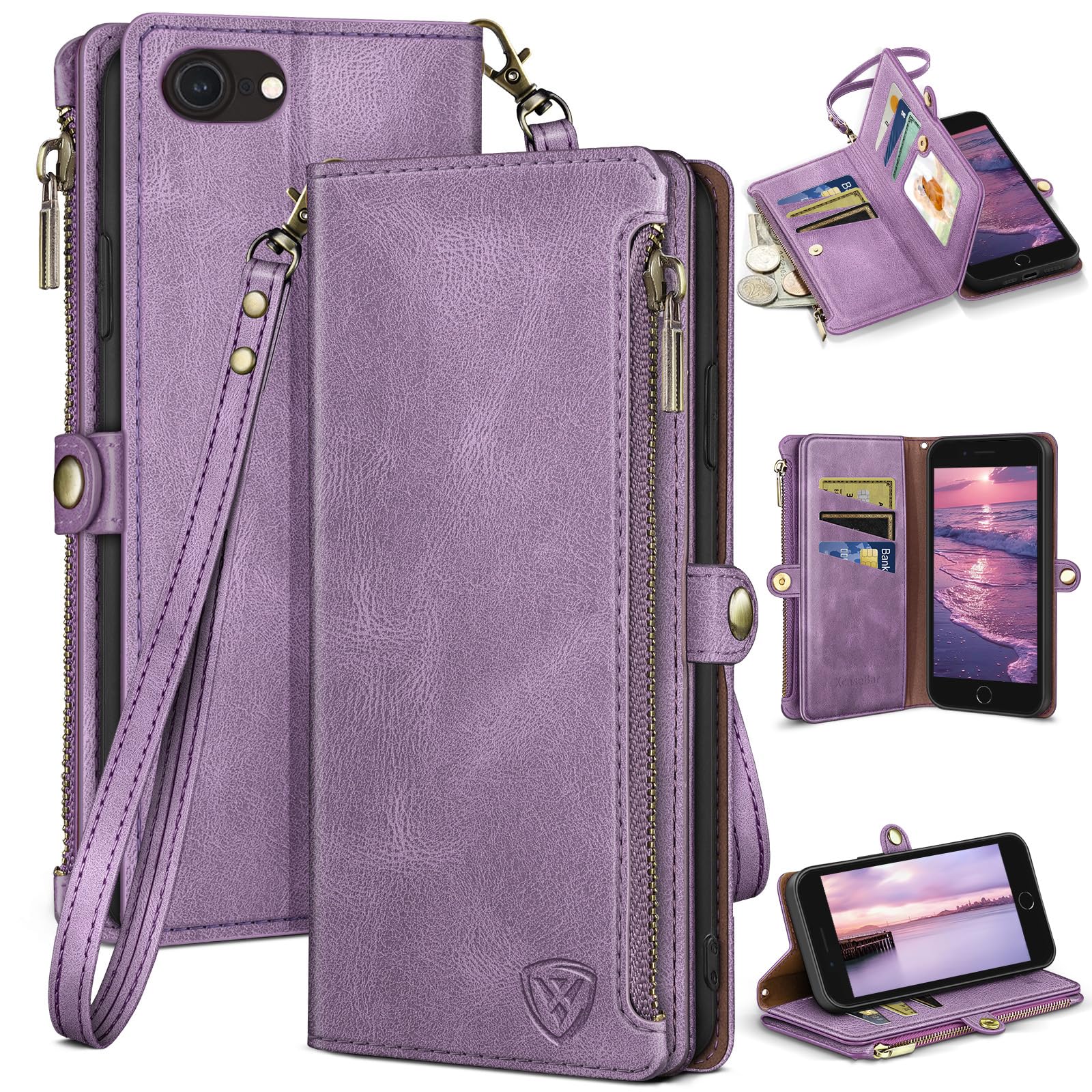 XcaseBar Funda tipo cartera para iPhone SE 3ª/7/8 con cremallera y tarjetero de crédito, bloqueo RFID, funda de piel sintética a prueba de golpes, para mujeres y hombres, funda para Apple SE, color