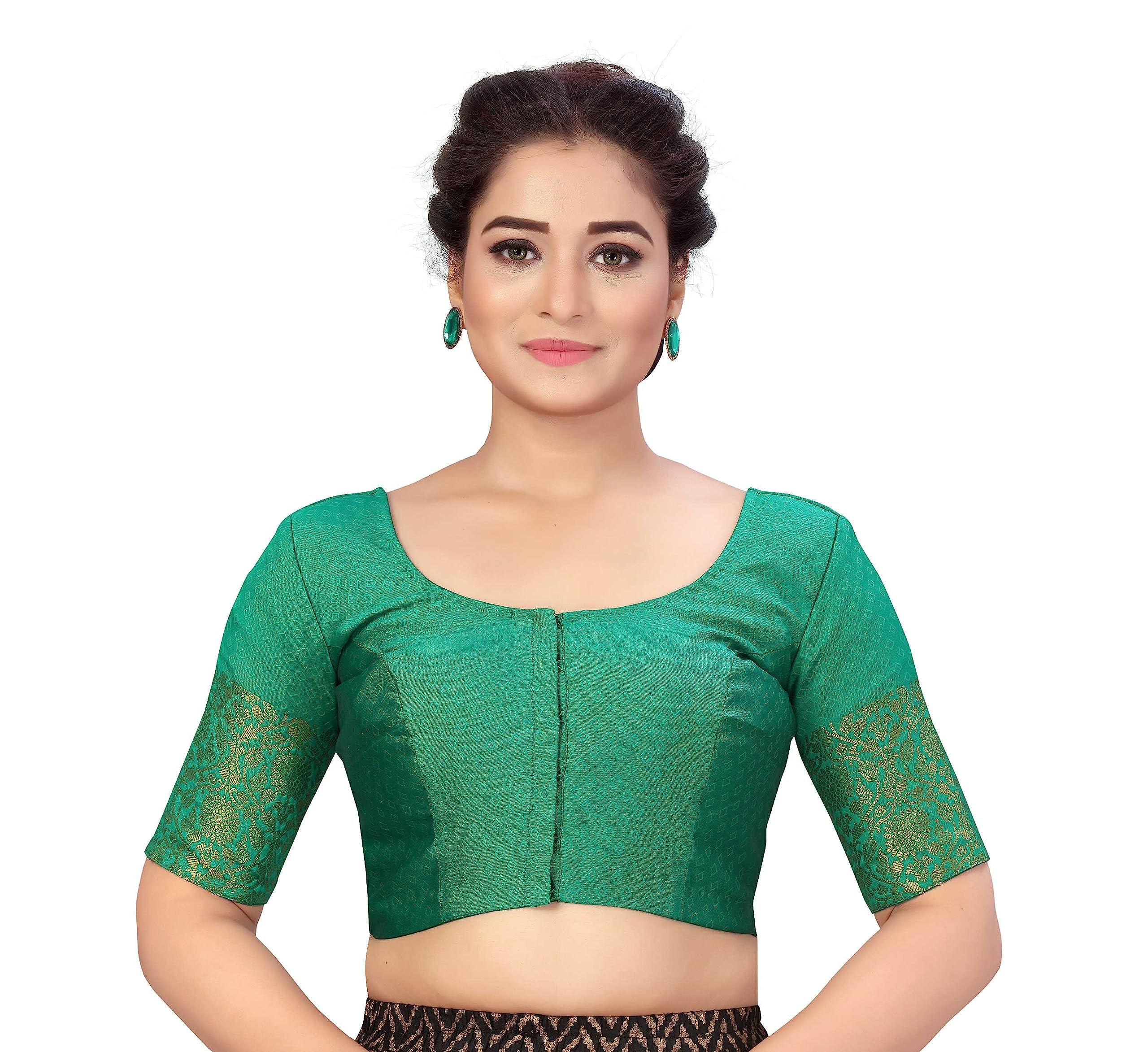 Studio Shringaar Women's Brocade Elbow Length Sleeve Golden Kanjivaram Border Saree Blouse