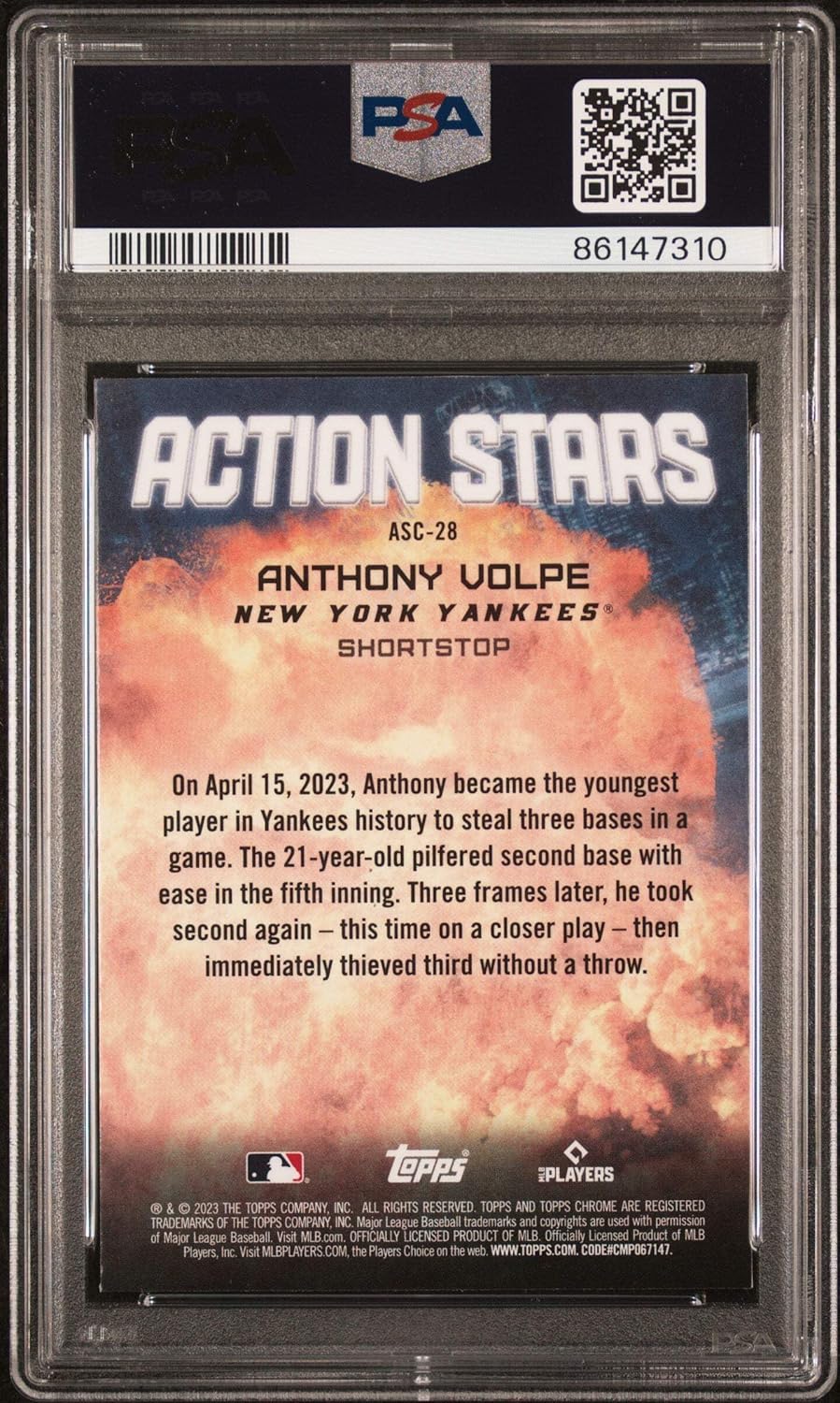 Graded 2023 Topps Chrome Update Anthony Volpe #ASC28 Action Stars Rookie RC Baseball Card PSA 10 Gem Mint