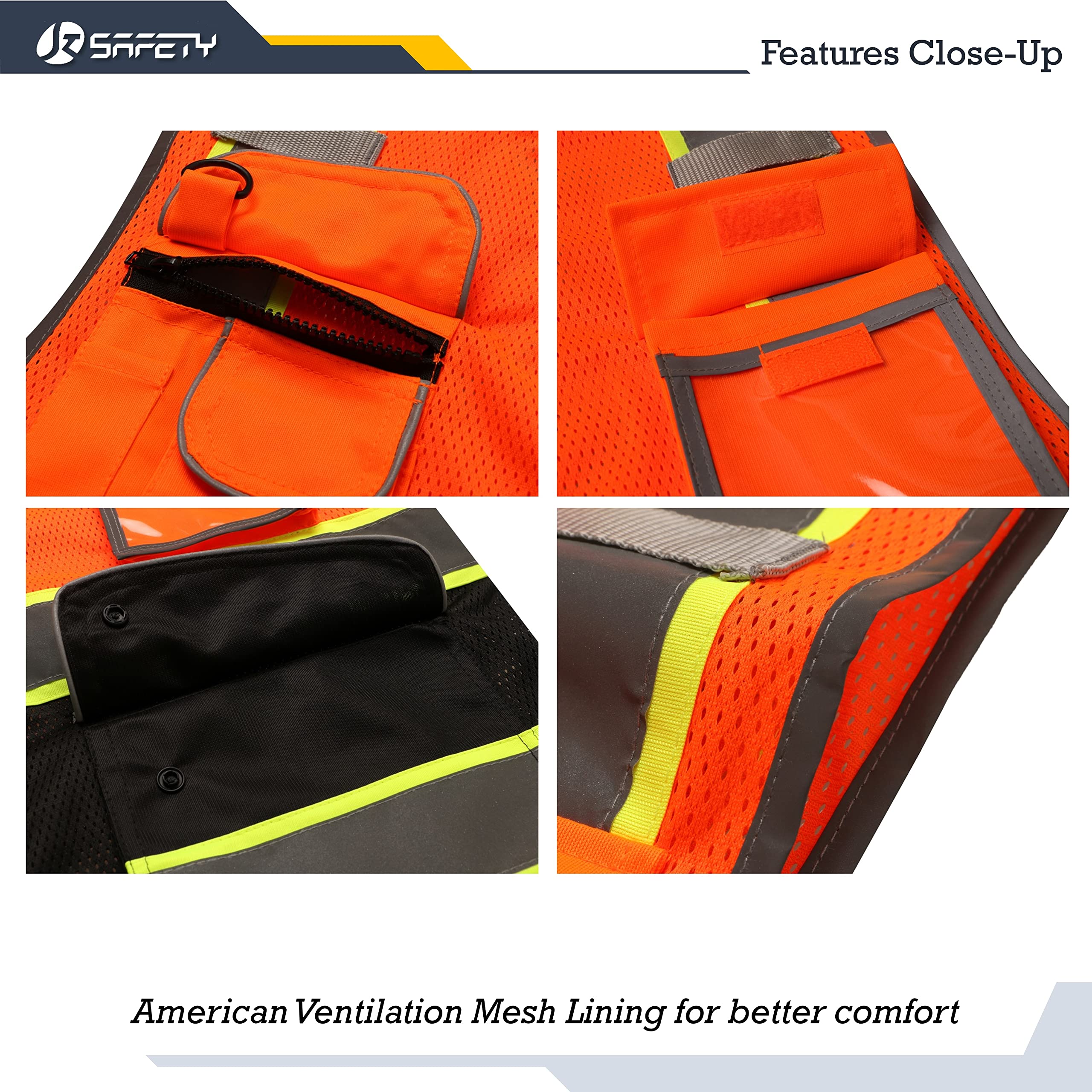 JKSafety Gilet de sécurité avec fermeture éclair avant avec 9 poches, classe 2, avec bandes réfléchissantes, conforme aux normes ANSI/ISEA.