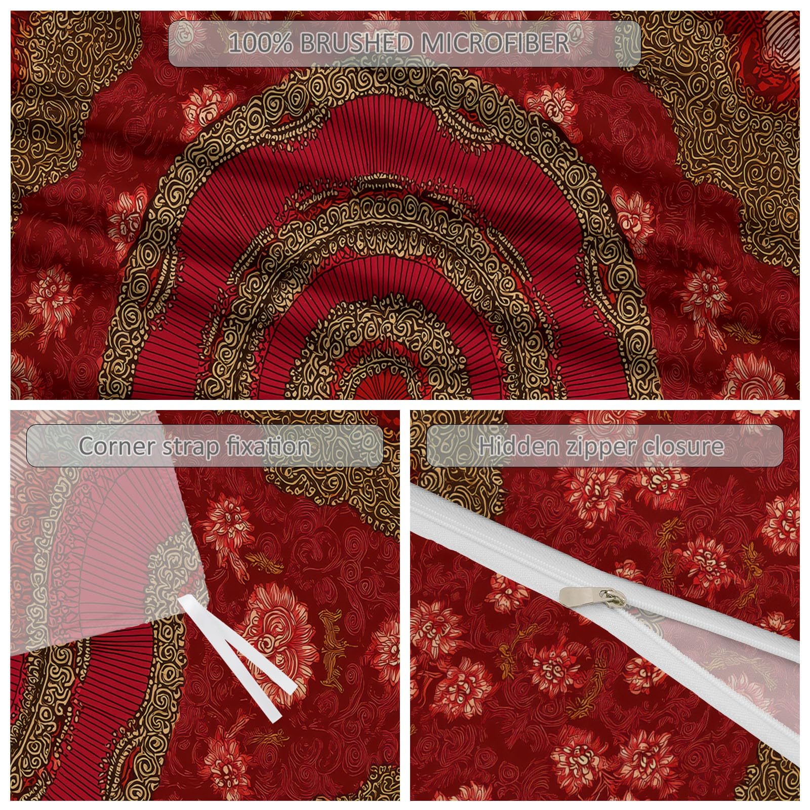 Biancheria da letto per bambini in stile bohémien, motivo mandala, in microfibra morbida e traspirante, 155 x 220 cm, con chiusura lampo e 2 federe da 80 x 80 cm, colore: rosso