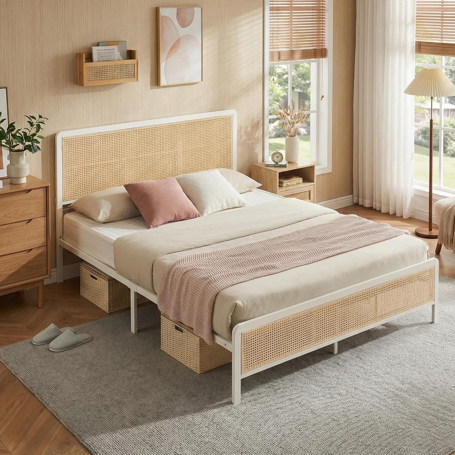 GarveeHome Full Size Rattan Bed Frame with Headboard, Modern Style Cane Boho Bed Frames with Heavy Duty Sturdy Steel Slat Support, No Box Spring Needed, White