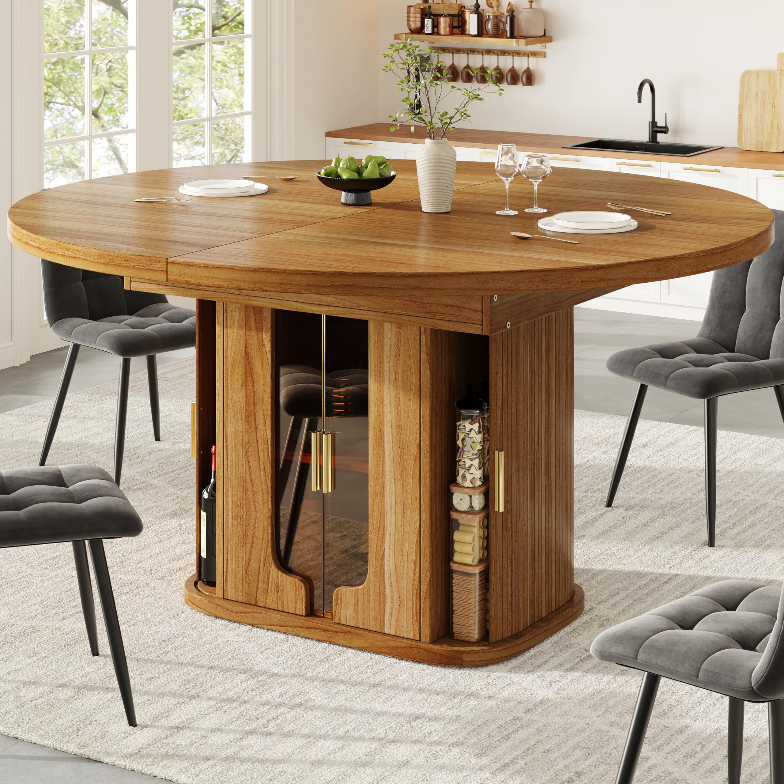 Miyemo Extendable Round Dining Table, 118-158 cm Oval Kitchen Dining Room Table with Storage for 6 People, Extends to Oval, Dining Table with Glass Doors, for Home & Living Room, Walnut
