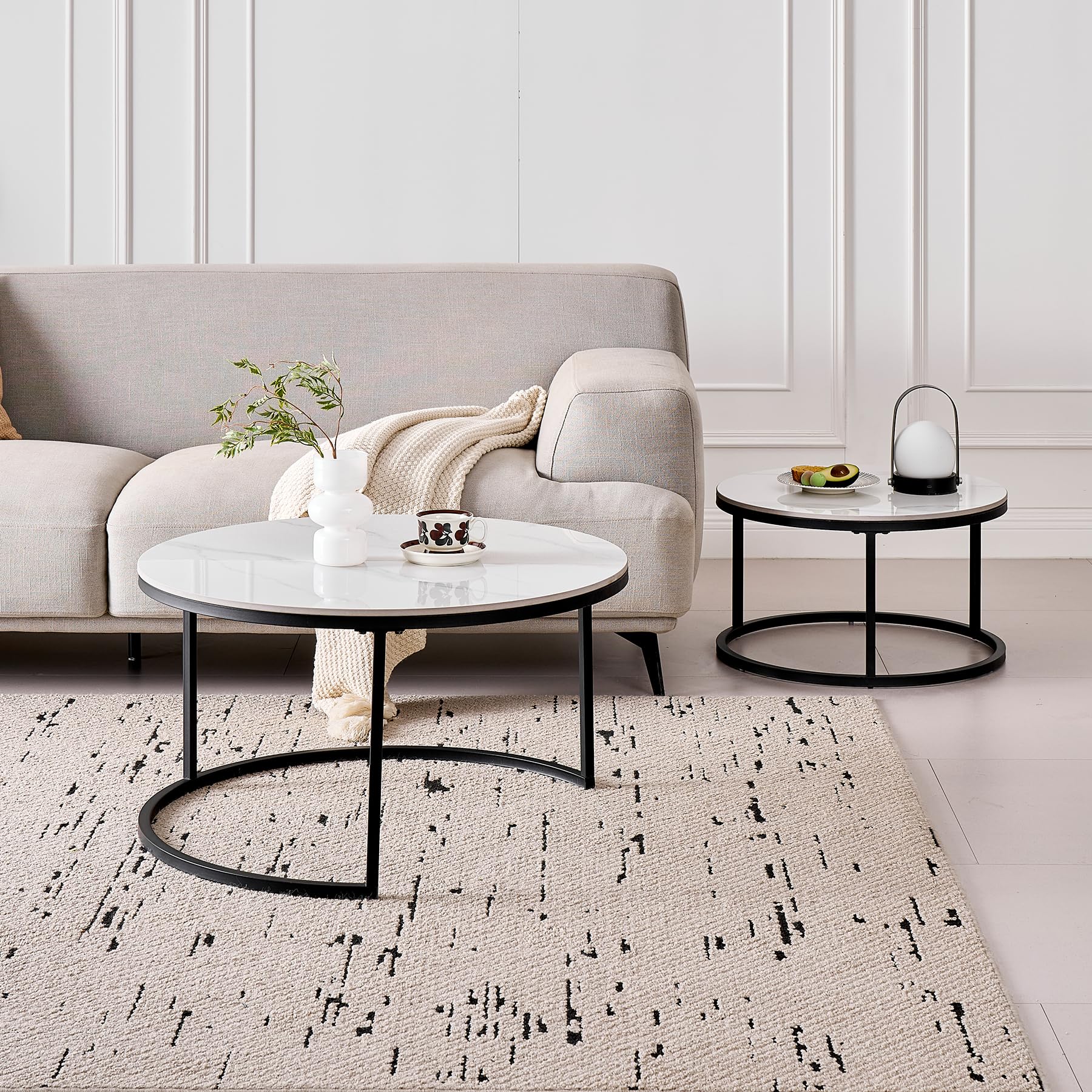 Lot de 2 Tables Basses Gigognes Ronde avec Plateau en Céramique Technique (Non en MDF),Tables D'Appoint Idéal pour Salon, Chambre, Balcon (Blanc+Noir), 50+70cm
