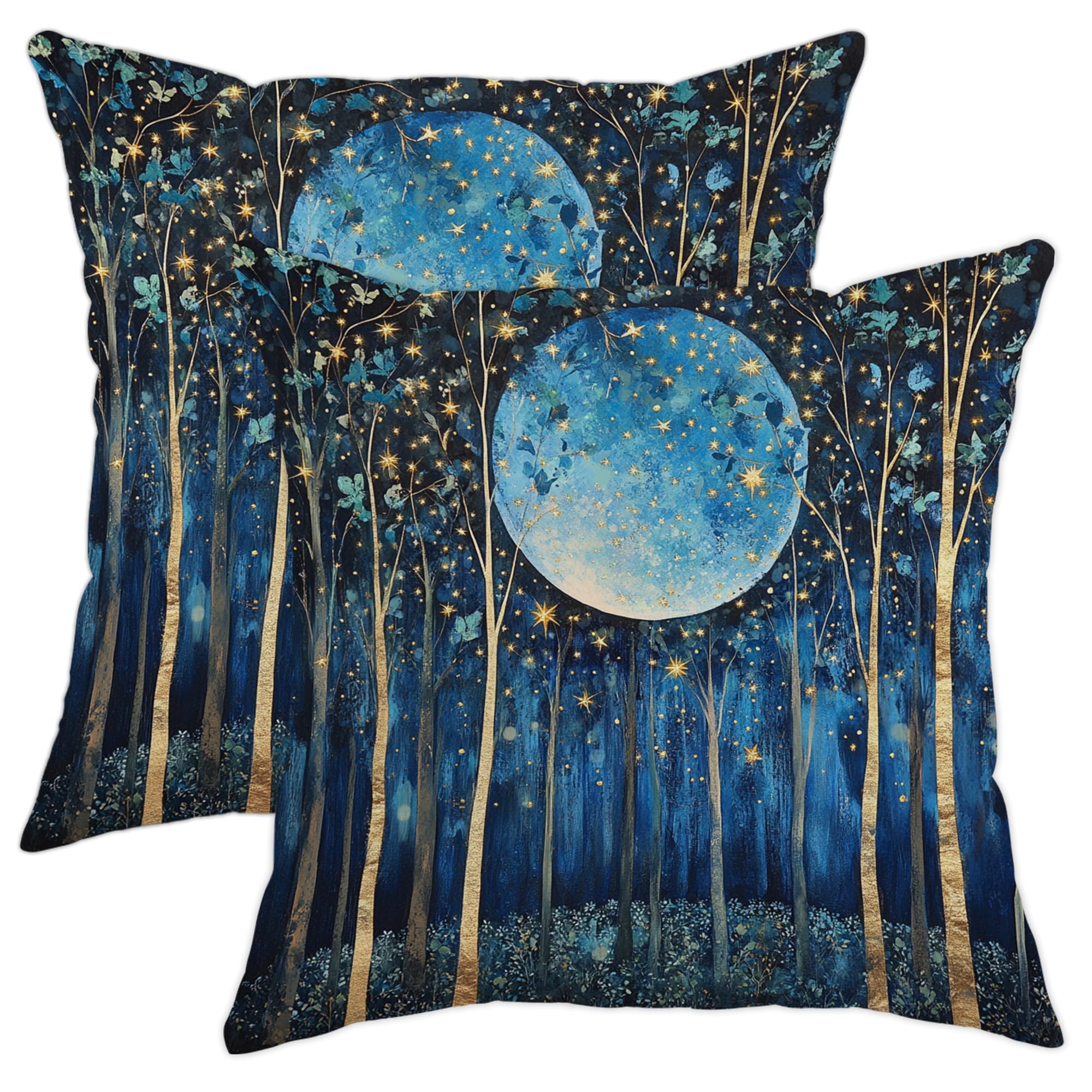 Starry Night Pillow Covers Set of 2, Blue Moon Forest Throw Pillows Case, Decorative Square Modern Home Decor Cushion Covers for Sofa Bed Couch 16x16 Inch