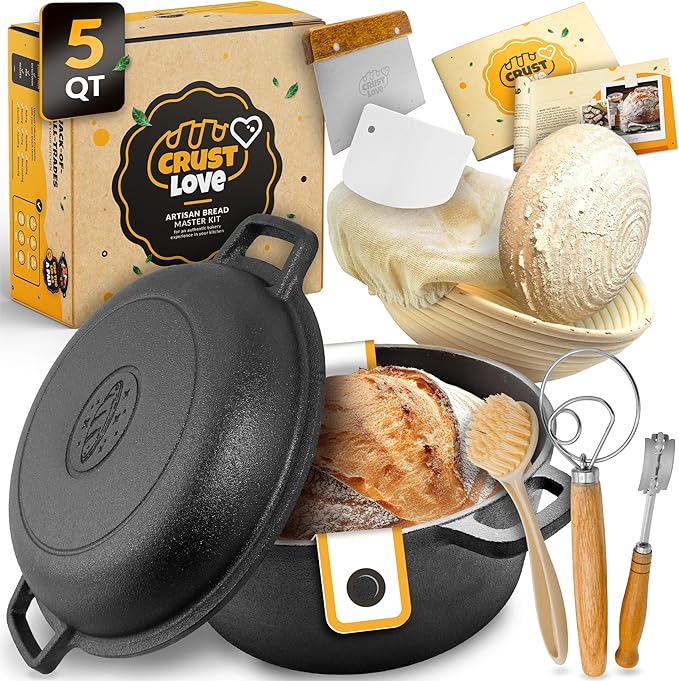 Cast Iron Dutch Oven for Bread Baking - incl. Sourdough Bread Baking Supplies like Banneton Bread Proofing Basket - 5QT Cast Iron Bread Oven with Lid Bread Banking Pan Pot Scoring Tool Lame
