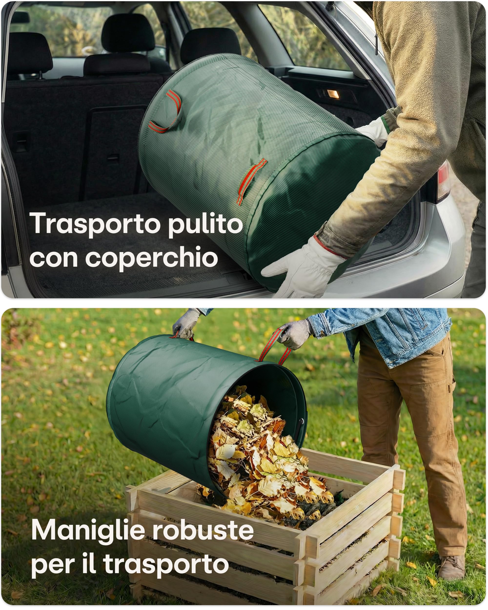 Praknu 3 Sacchi Giardinaggio 300 Litri con Coperchio a Zip - Sacchi Pieghevoli con 4 Maniglie Antistrappo - Sacco Giardino Raccogliere le Foglie - Sacco Erba Tagliata Giardino - Sacchi Giardino