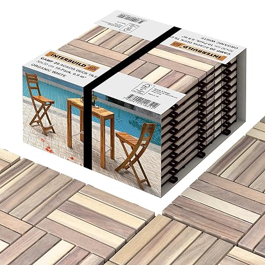 Interbuild Acacia Hardwood Interlocking Patio Deck Tiles, 12" × 12" (Pack of 10), Easy to Install Floor Tile for Both Indoor & Outdoor Use - Golden Teak