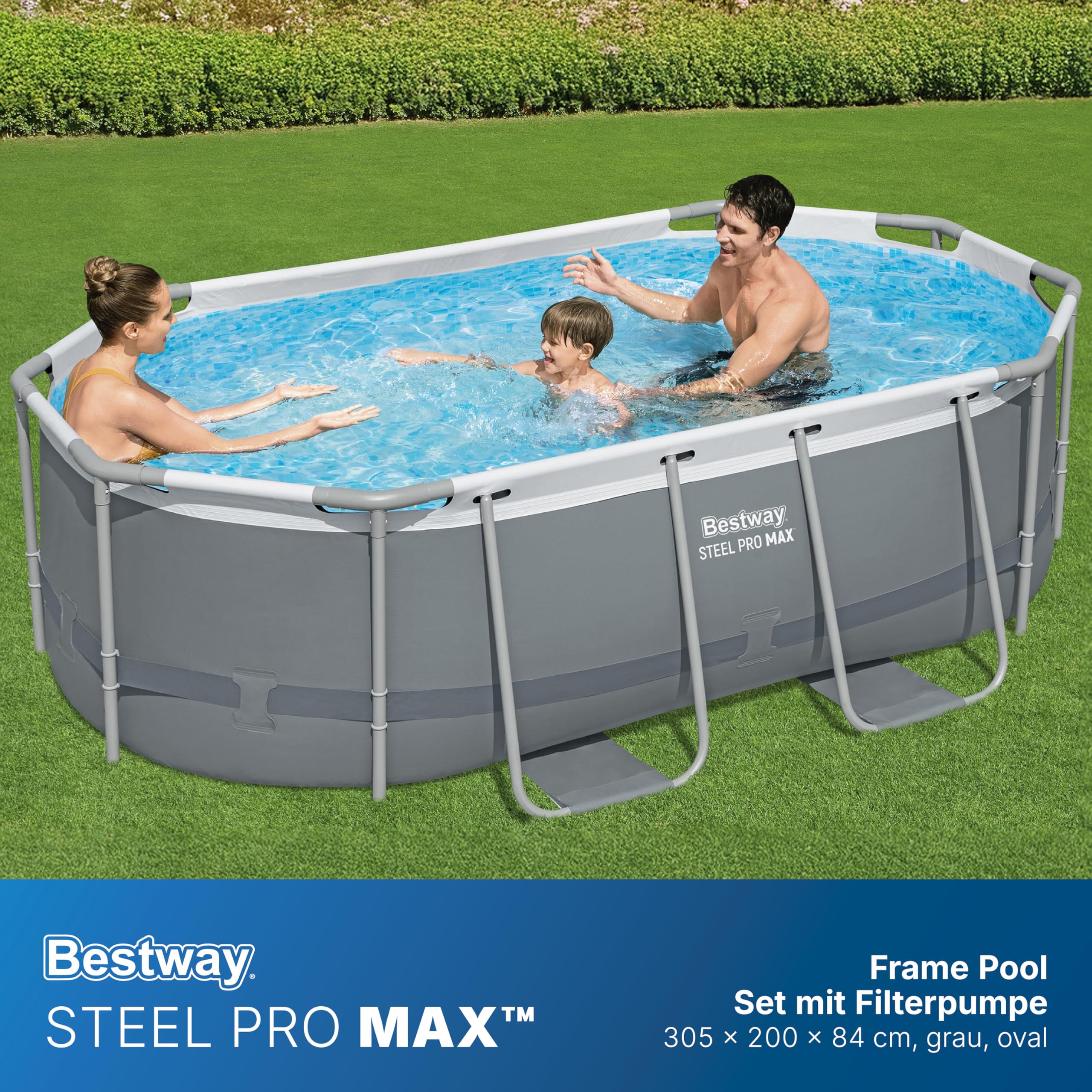 Bestway Power Steel Frame Pool Set mit Filterpumpe 305 x 200 x 84 cm, grau, oval