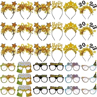 36 Pcs New Years Eve Party Supplies 2023 Happy New Years Glasses and 2023 Black and Gold Headbands Tiara for 2023 Happy New Year Eve Party Decorations New Years Party Favors Gift for Adults and Kids