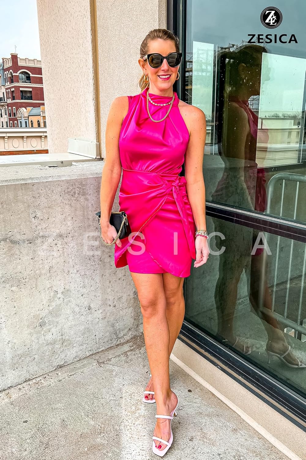 ZESICA Women's 2026 Fashion Satin Sleeveless Halter Neck Tie Waist Wrap Bodycon Cocktail Party Mini Dress - Image 7