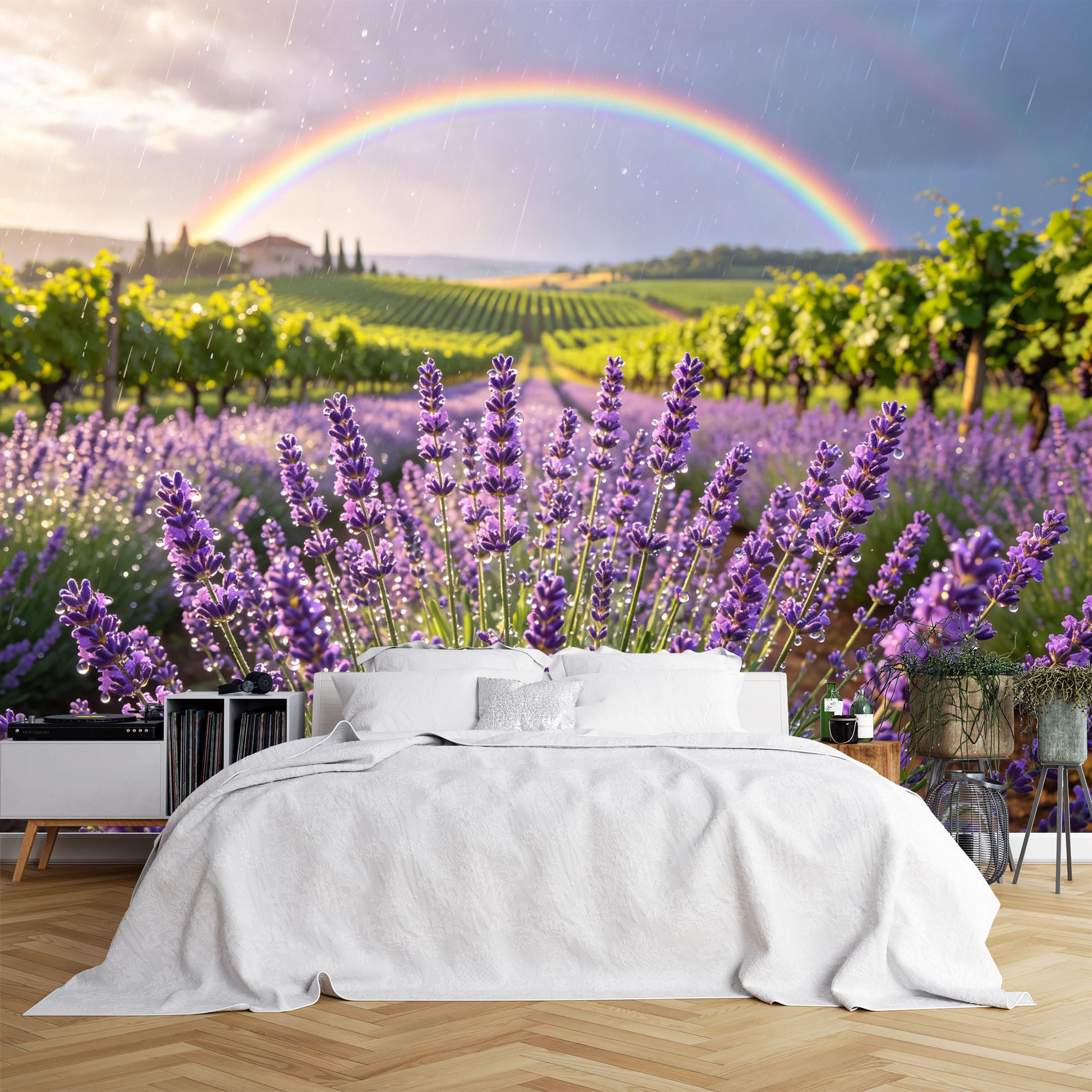 Custom Size Wall Murals Lavender Field with Rainbow and Raindrops Wallpaper, Realistic Self-Adhesive Removable Wallpaper for Living Room, Bedroom