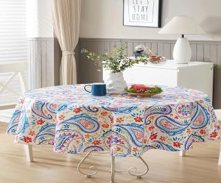 Newbridge Boho Chic Paisley Vinyl Tablecloth with Flannel Backing, 60 x 84 Inch Oval, Blue Red and Pink Floral Print, Wipe Clean Table Cover for Dining, Entertaining and Everyday Use