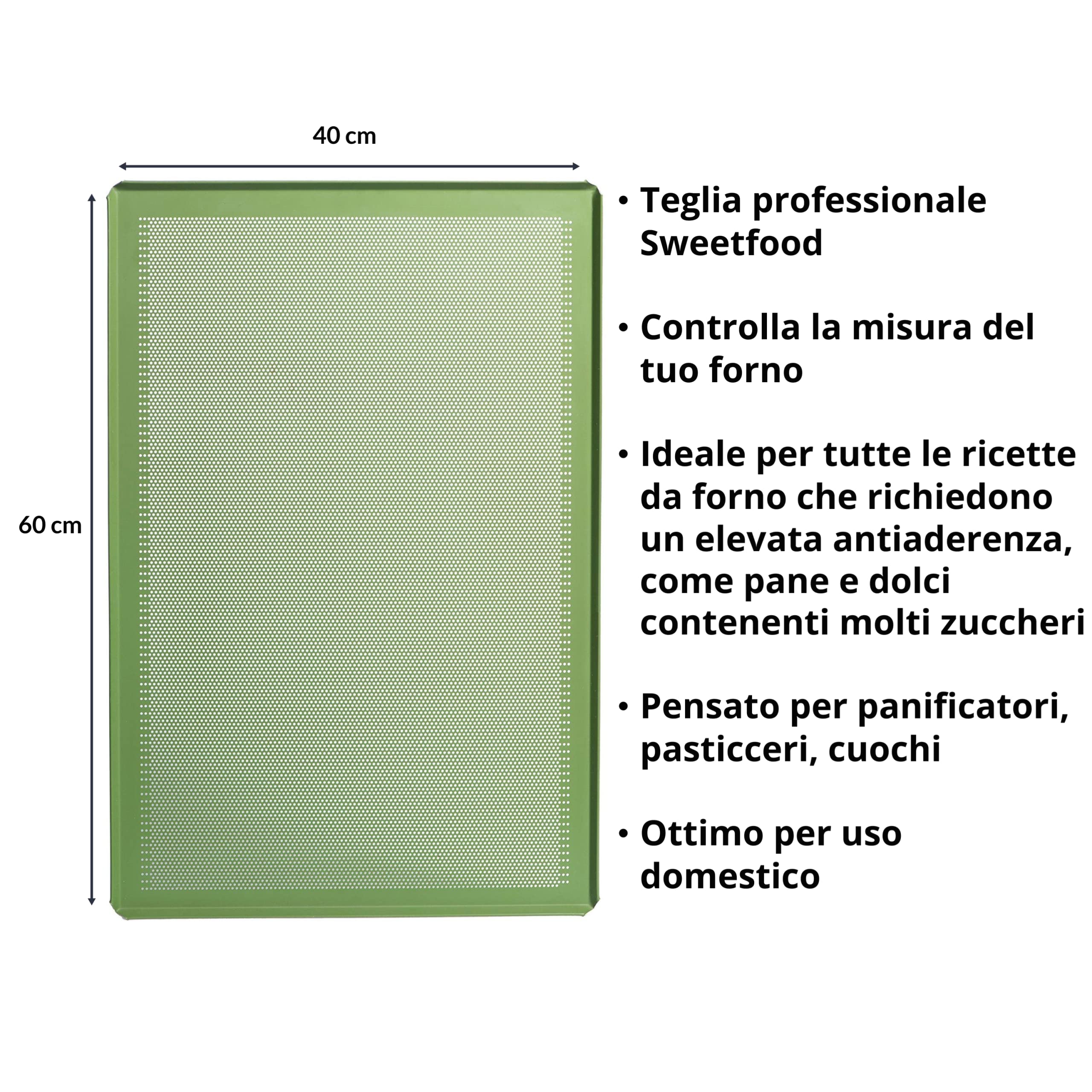 Bandeja de horno antiadherente perforada 60 x 40 de aluminio recubrimiento profesional Sweetfood Ideal para pan y pasteles Perforación Ø 2 mm distancia entre los agujeros 3,5 mm