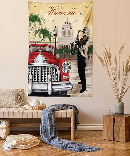 Lunarable Tapiz de La Habana, caballeros que tocan saxofón con sombreros de Panamá y auto rojo nostálgico, colgante de pared para dormitorio, sala