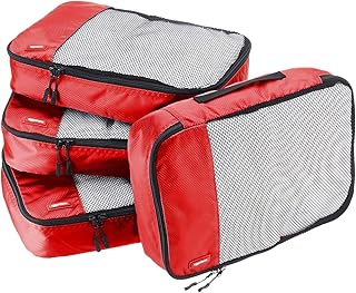 Amazon Basics 4 Piece Packing Travel Organizer Cubes Set - Medium, Red
