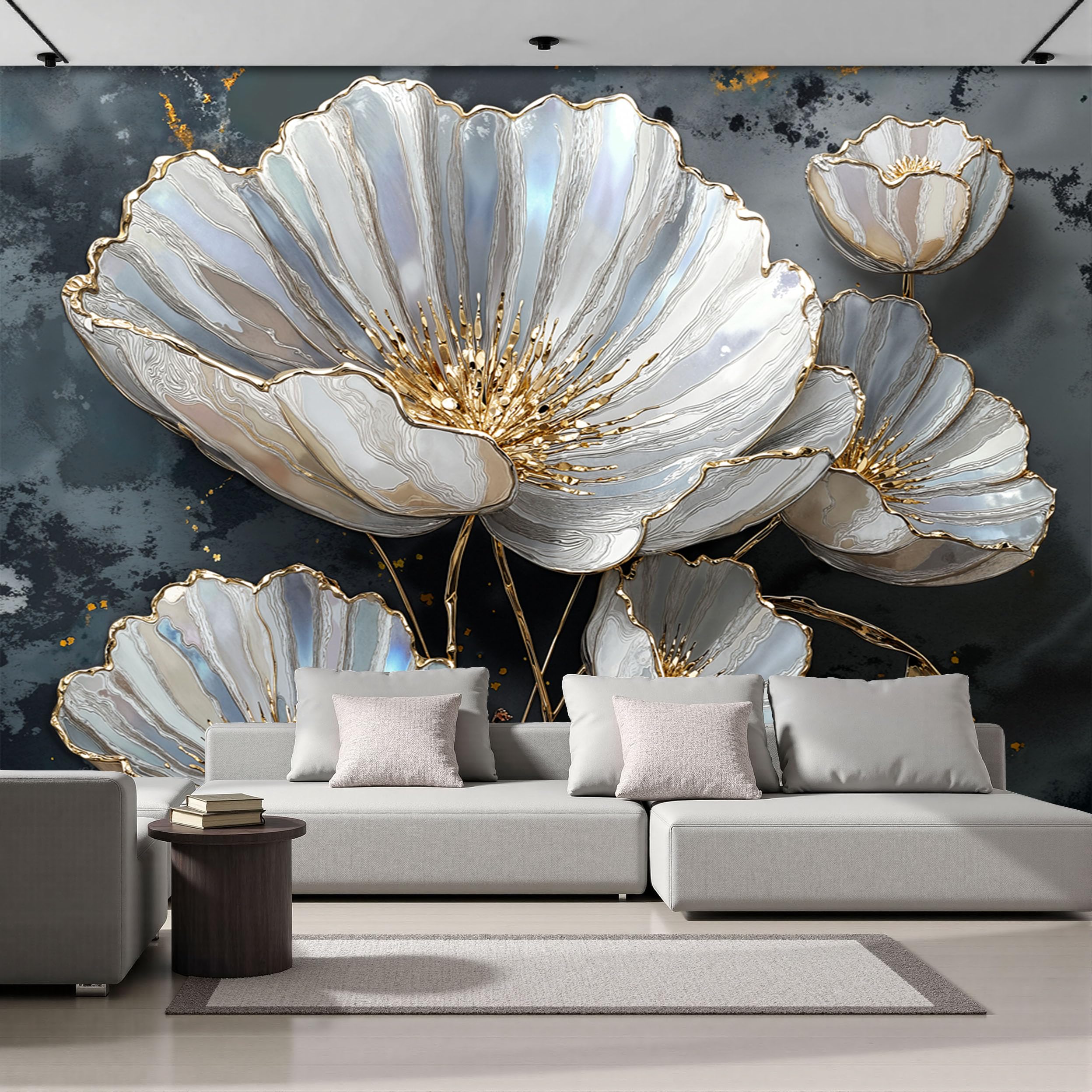 Papier peint photo Soie, Luxe sombre Fleurs et bourgeons argentés, 450x315cm | Papier peint Soie de haute qualité, pour salon et chambre, revêtement mural, papier peints effet 3D Gris argenté