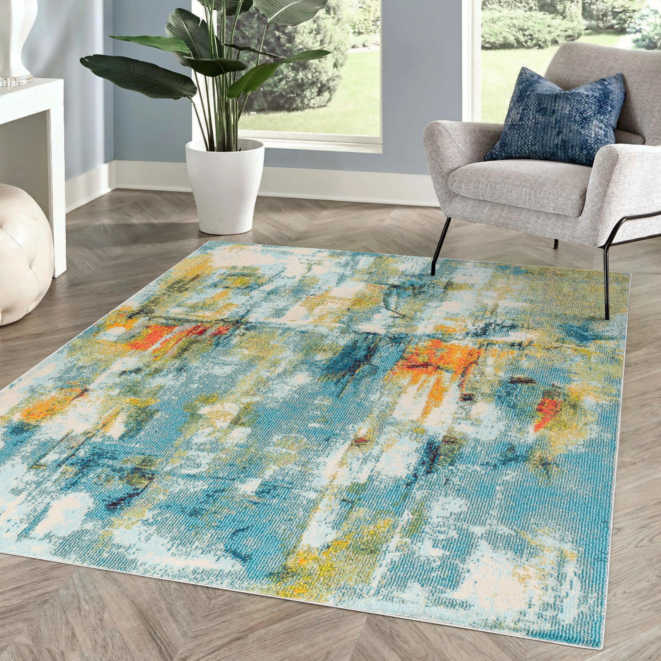 JONATHAN Y CTP100A-8 Alfombra Interior Cascada Moderno Pop Contemporáneo, Bohemio, Fácil de Limpiar, Habitación, Cocina, Salón, Anti Derrame, 240 cm x 300 cm, Azul/Crema