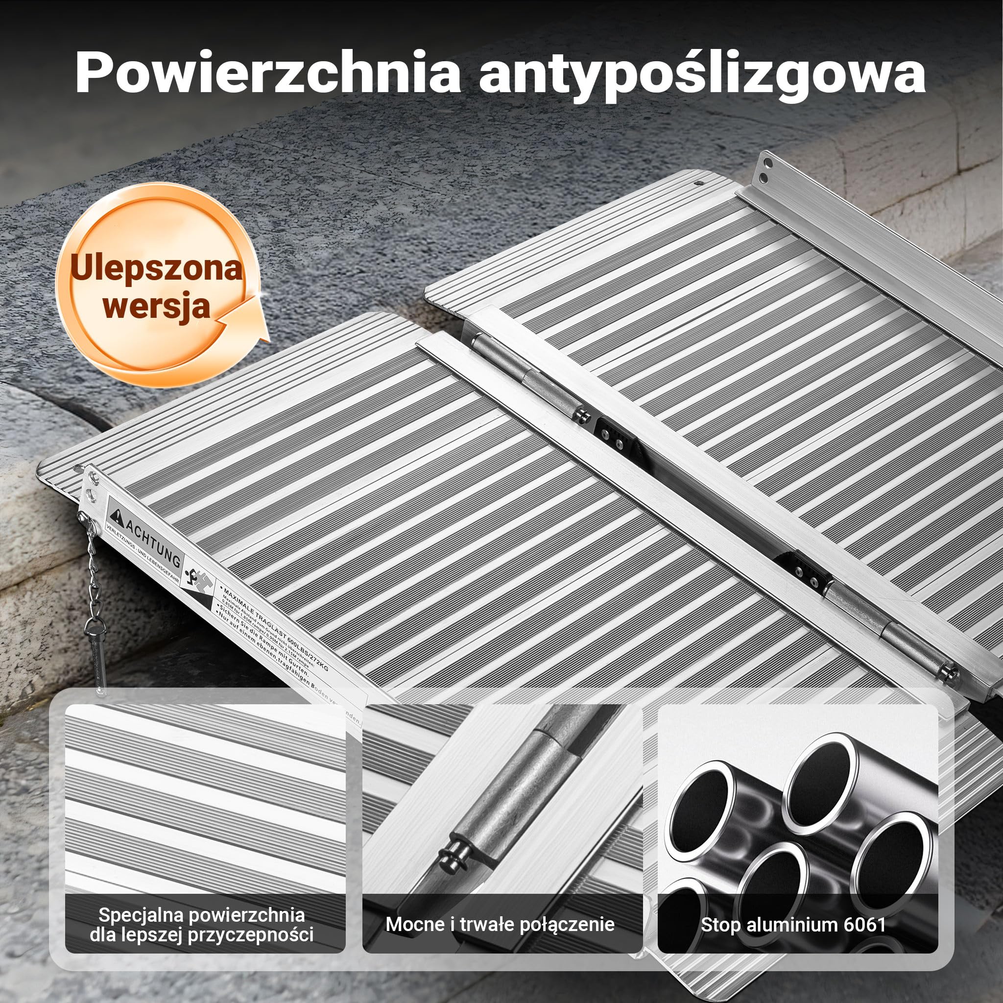 Wiltec Składana rampa najazdowa dla wózków inwalidzkich 152 cm, mobilna rampa podjazdowa do 270 kg, aluminiowa antypoślizgowa rampa załadunkowa