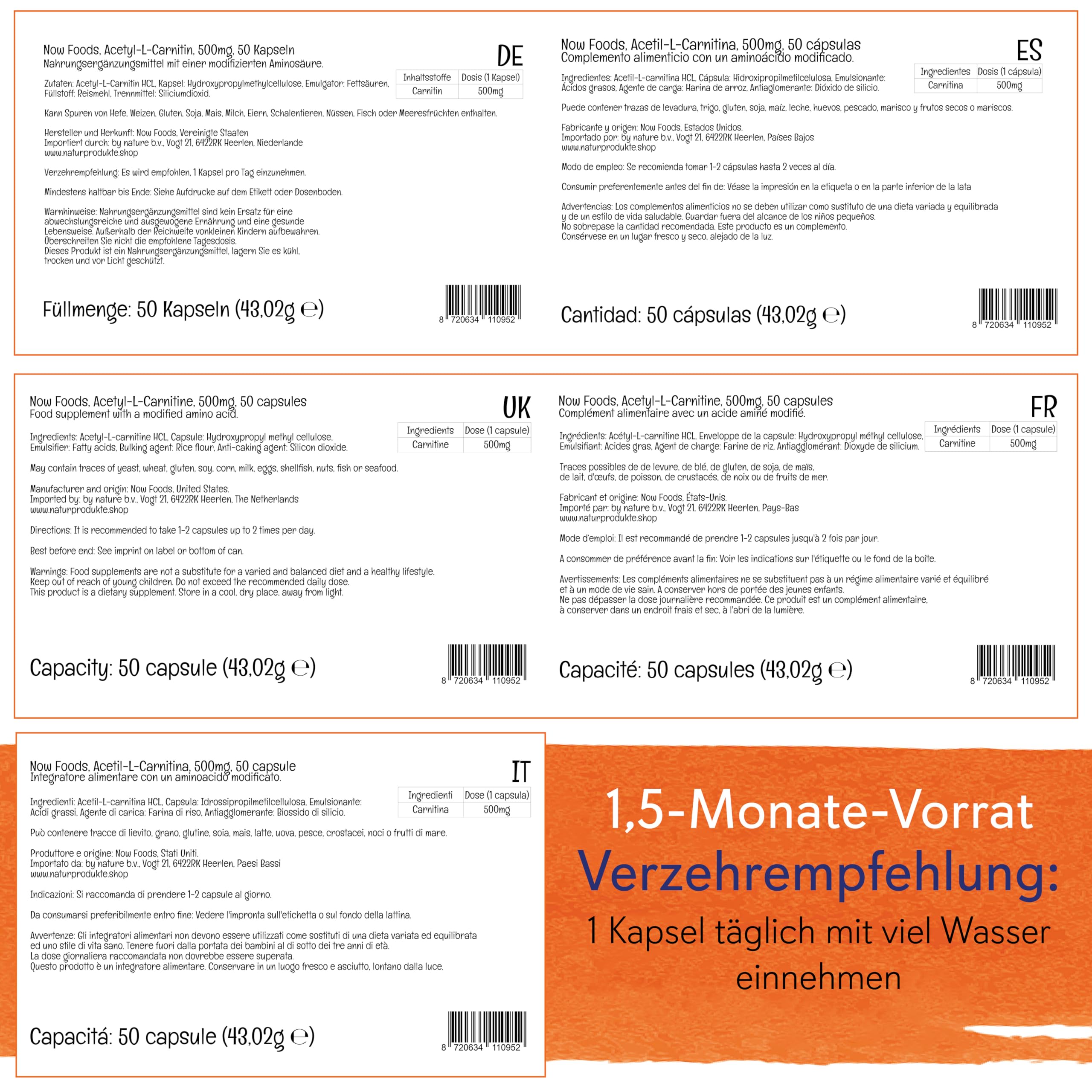Now Foods, Acetyl-L-Carnitin, 500 mg, 50 vegane Kapseln, Laborgeprüft, Aminosäure, Glutenfrei, Sojafrei, Vegetarisch