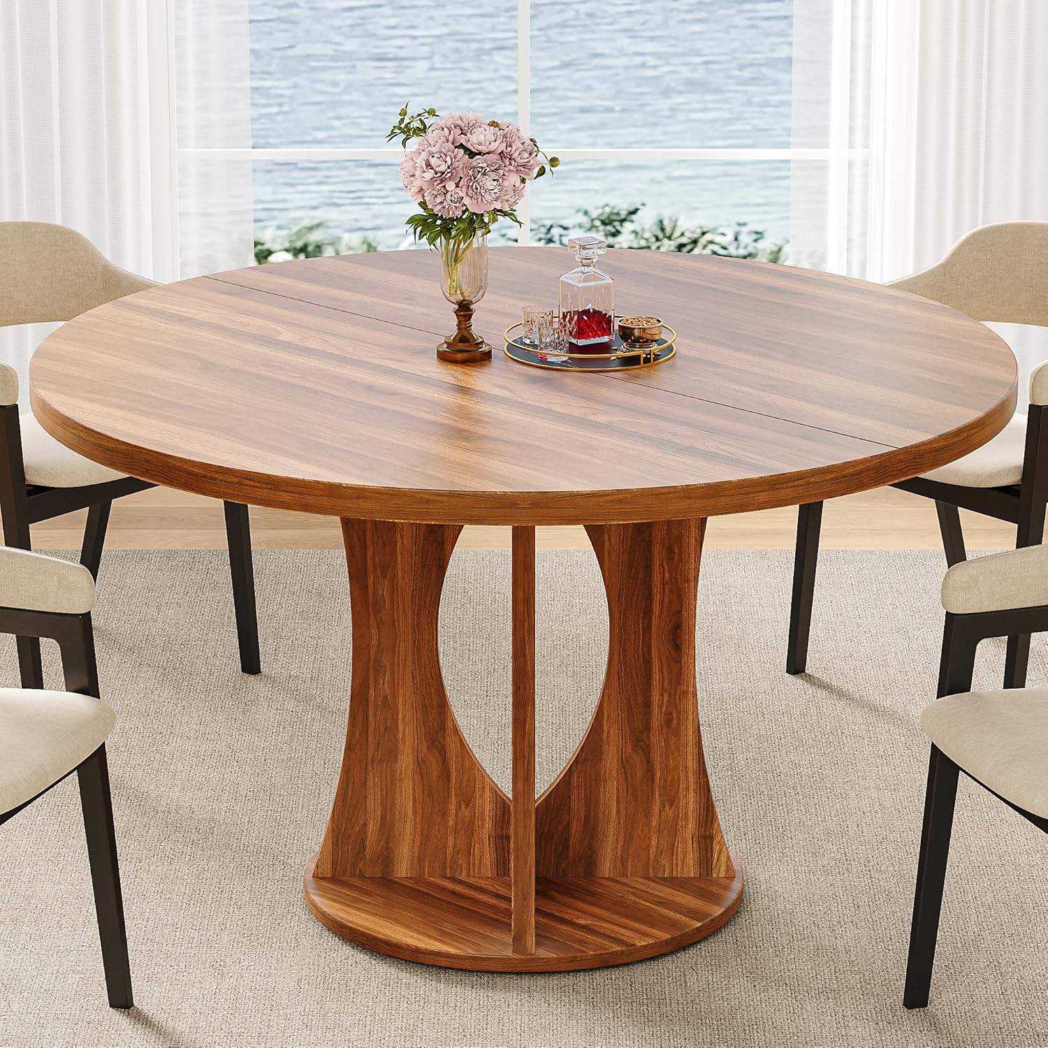 iPormis 47-Inch Round Dining Table for 4-6 People, Circle Dinner Table with Wooden Legs and A Stable Round Pedestal Base, Space Saving Wooden Kitchen and Dining Room Table, Walnut (Table Only)